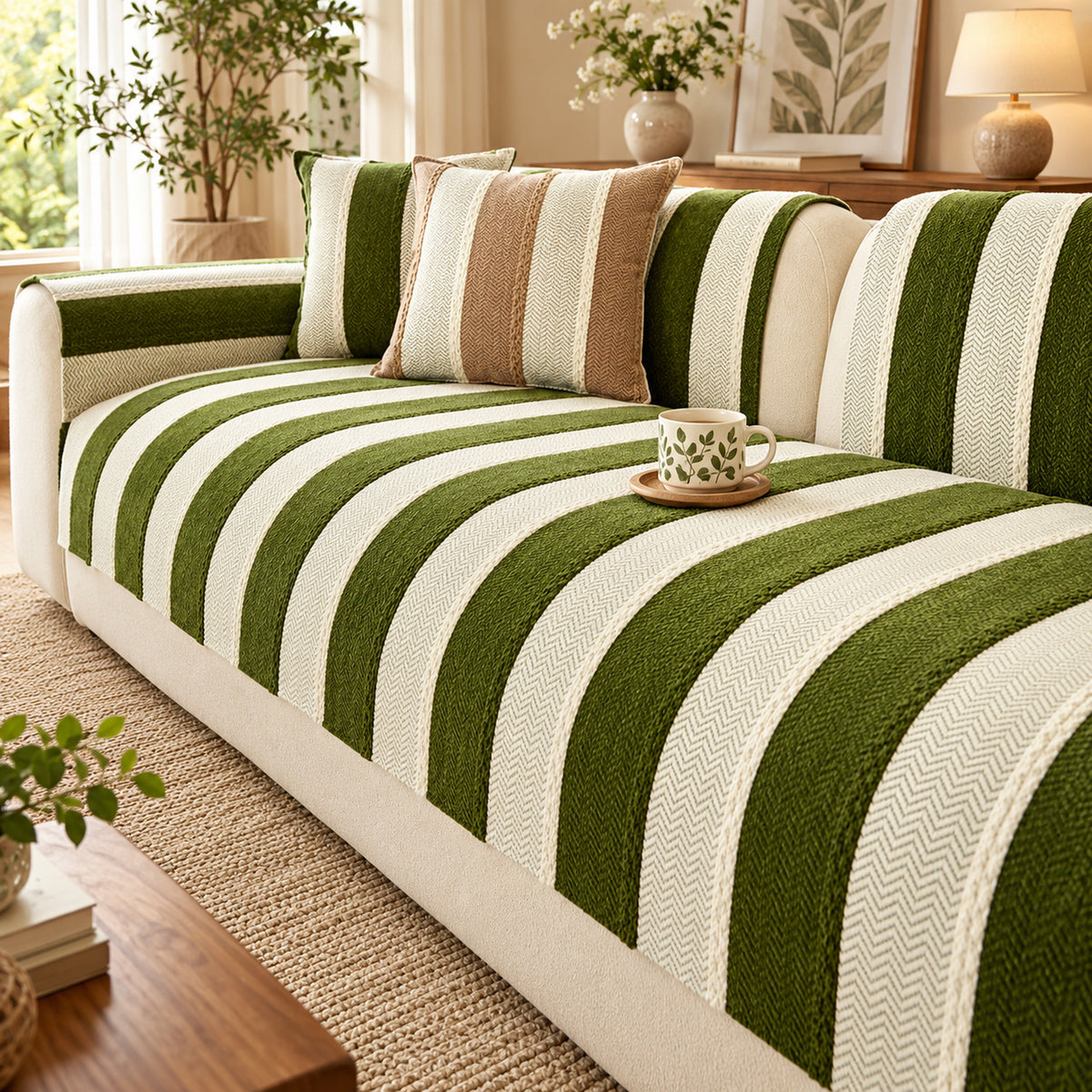 Vintage Striped Sofa Cover | Soft Chenille | Non-Slip, Machine Washable