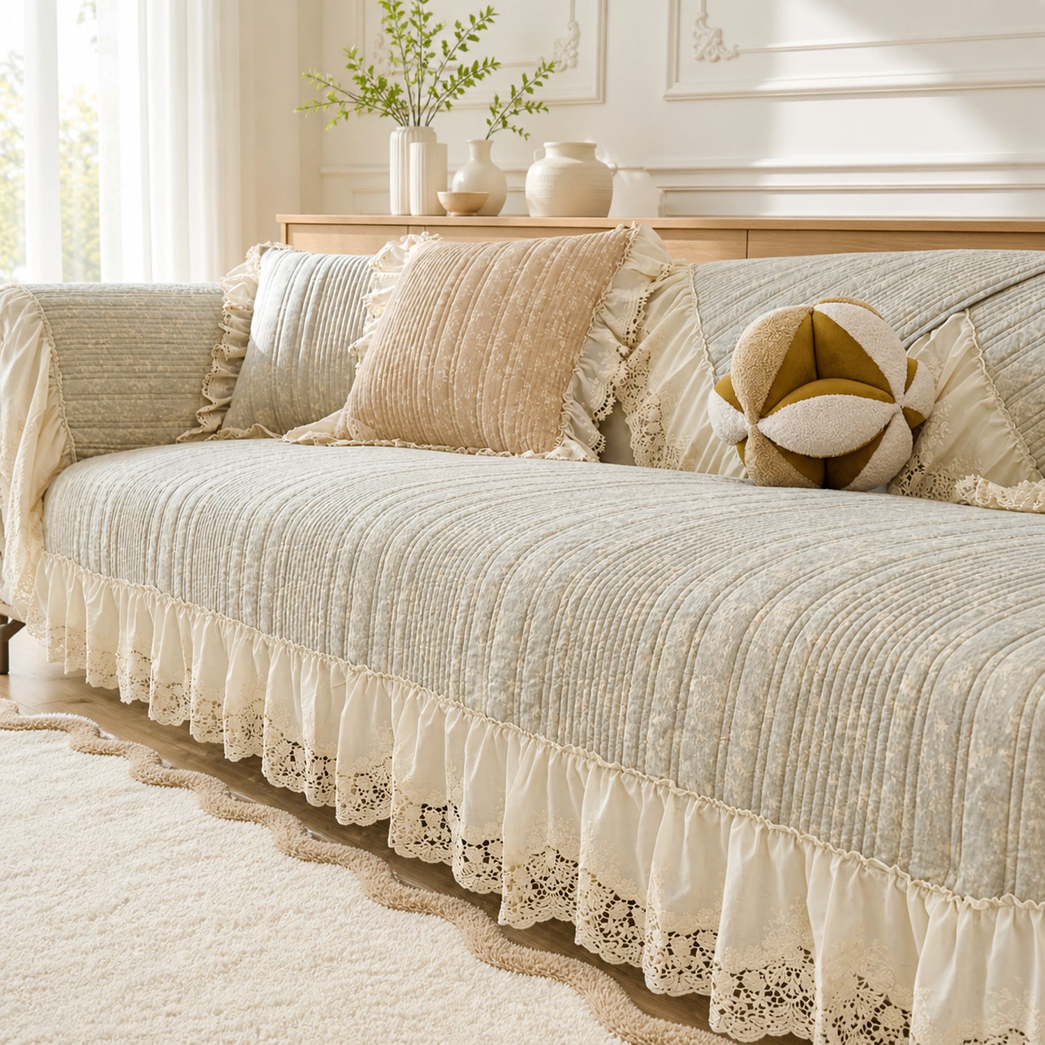 Vintage Lace Sofa Protector | Cotton-Linen Blend | Non-Slip Ruffled Design