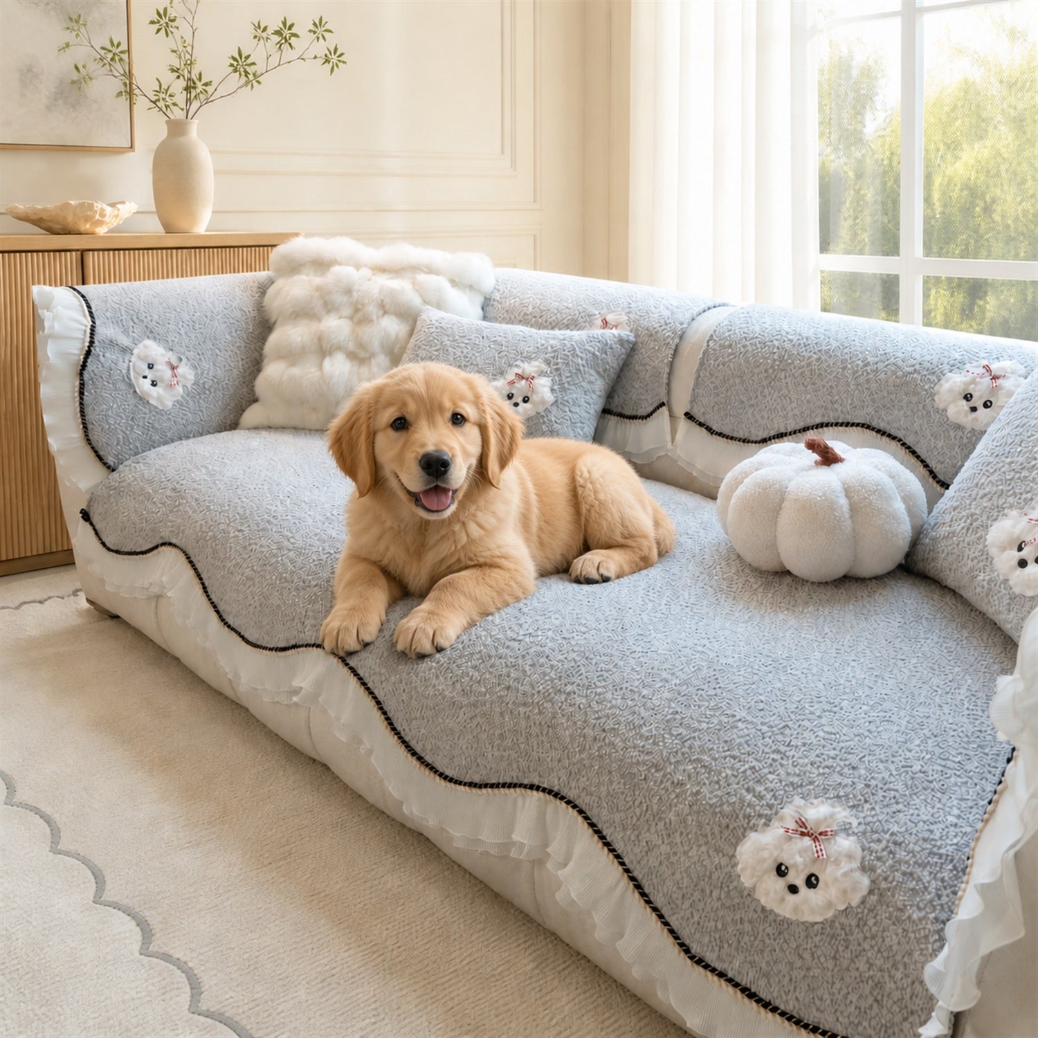 Little Puppy Ruffle Sofa Protector | Chenille | Non-Slip Washable Cover