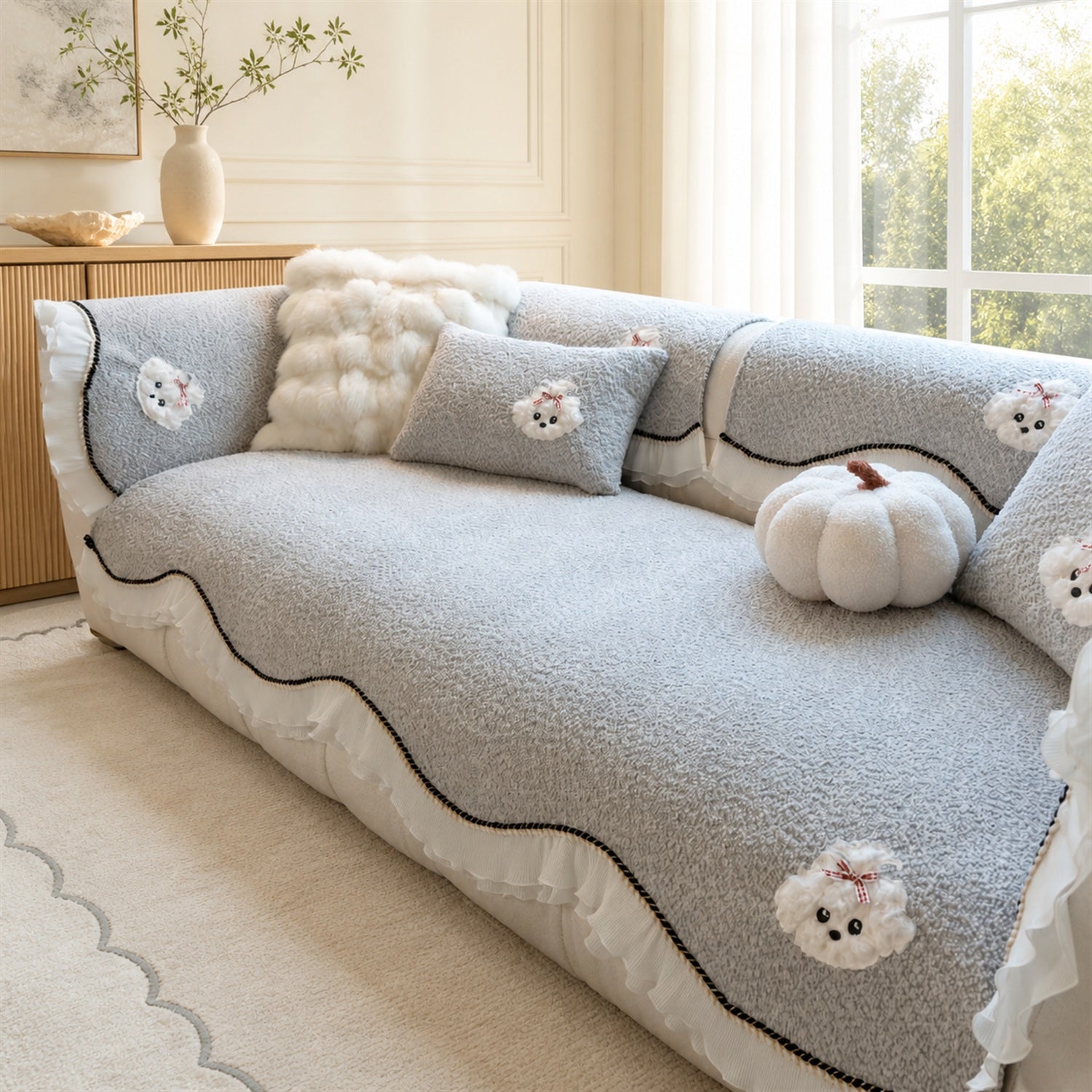 Little Puppy Ruffle Sofa Protector | Chenille | Non-Slip Washable Cover