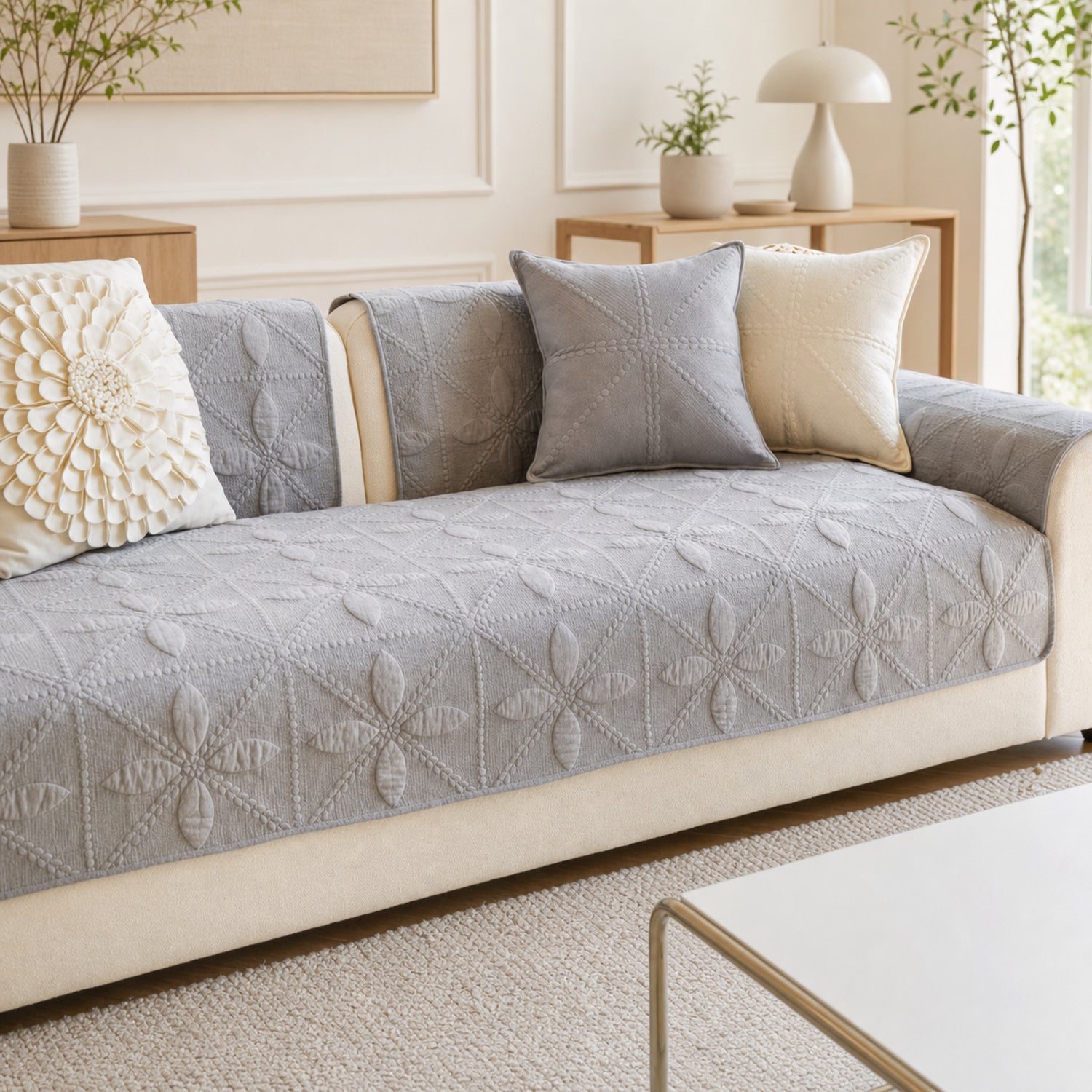 Leaf Lattice Quilted Sofa Protector | Cotton | Non-Slip & Machine Washable