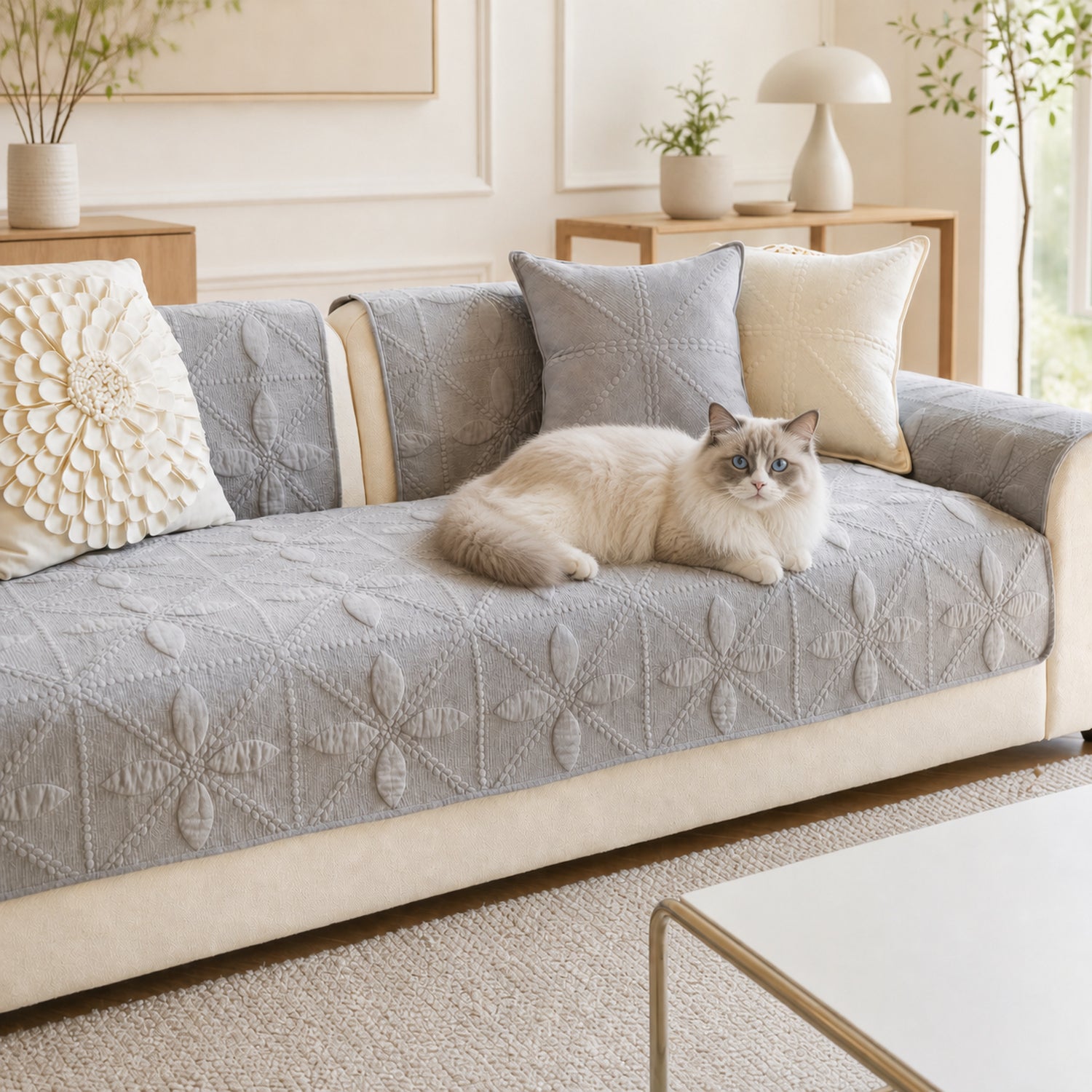 Leaf Lattice Quilted Sofa Protector | Cotton | Non-Slip & Machine Washable