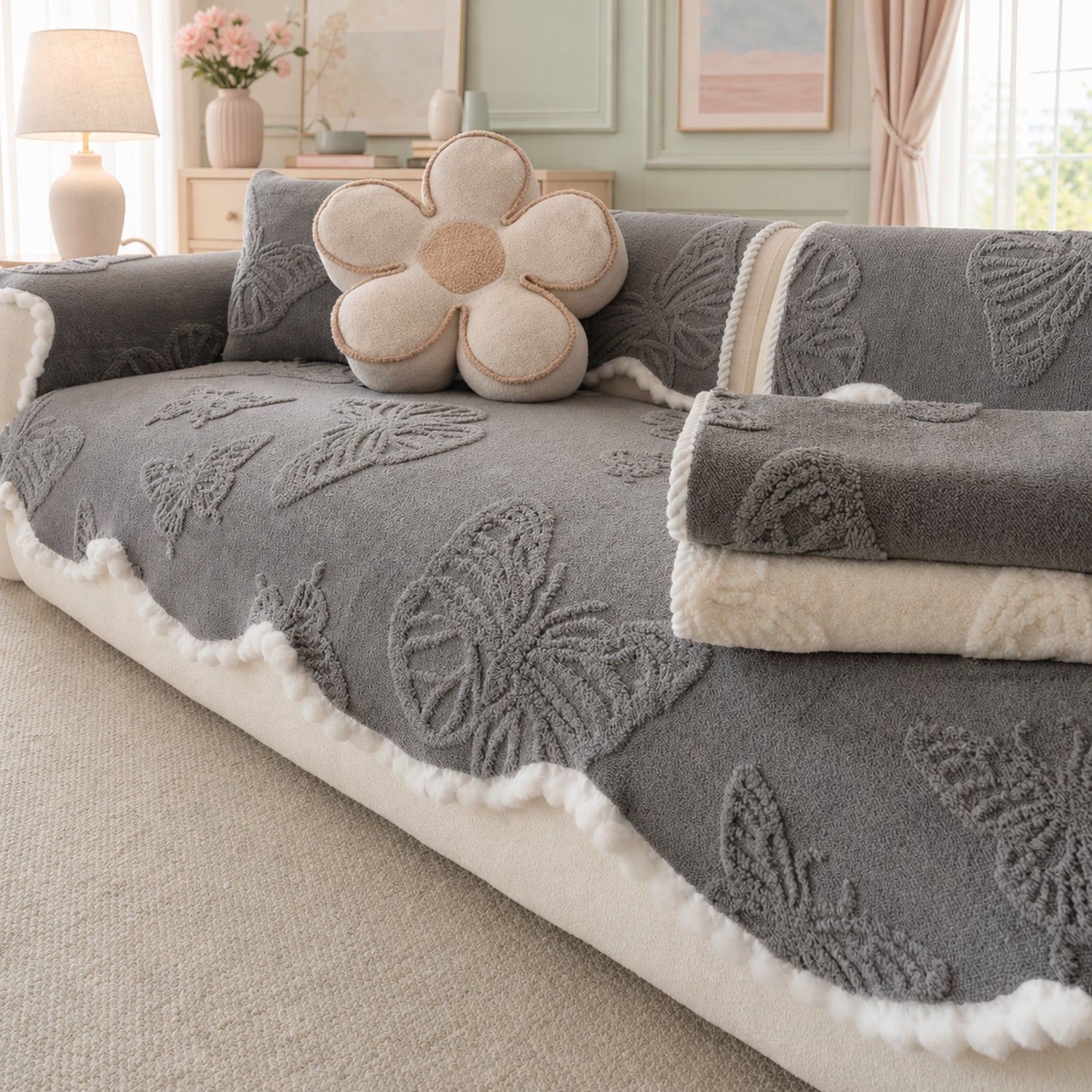 Butterfly Plush Sofa Protector | Warm Non-Slip Washable Winter Cover
