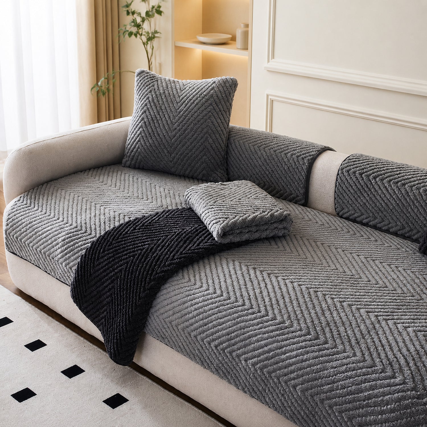 Thickened Plush Herringbone Sofa Cover | Non-Slip Pet-Proof Couch Protector | Machine Washable | Woofing Deals