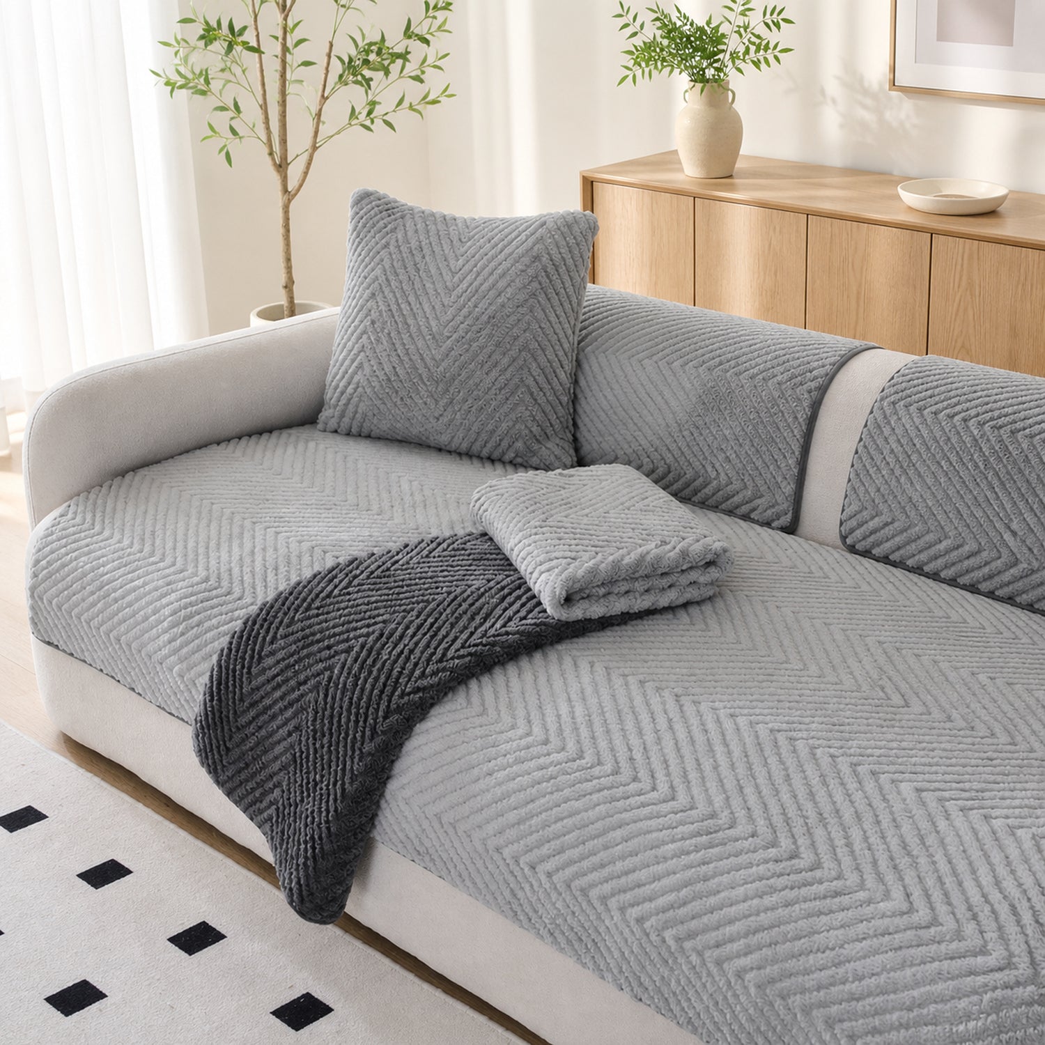 Thickened Plush Herringbone Sofa Cover | Non-Slip Pet-Proof Couch Protector | Machine Washable | Woofing Deals