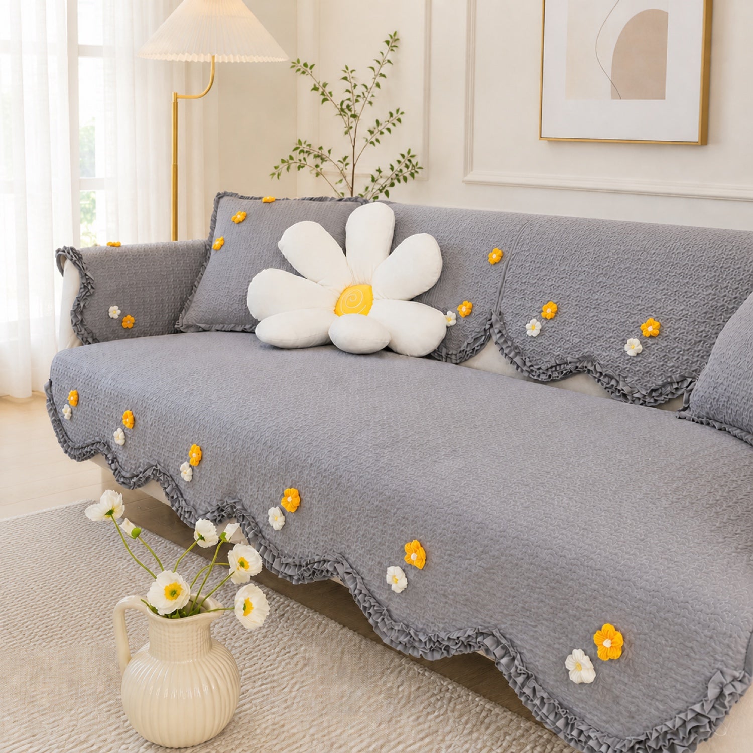 Daisy Ruffle Cotton Sofa Protector | Quilted, Non-Slip & Machine Washable