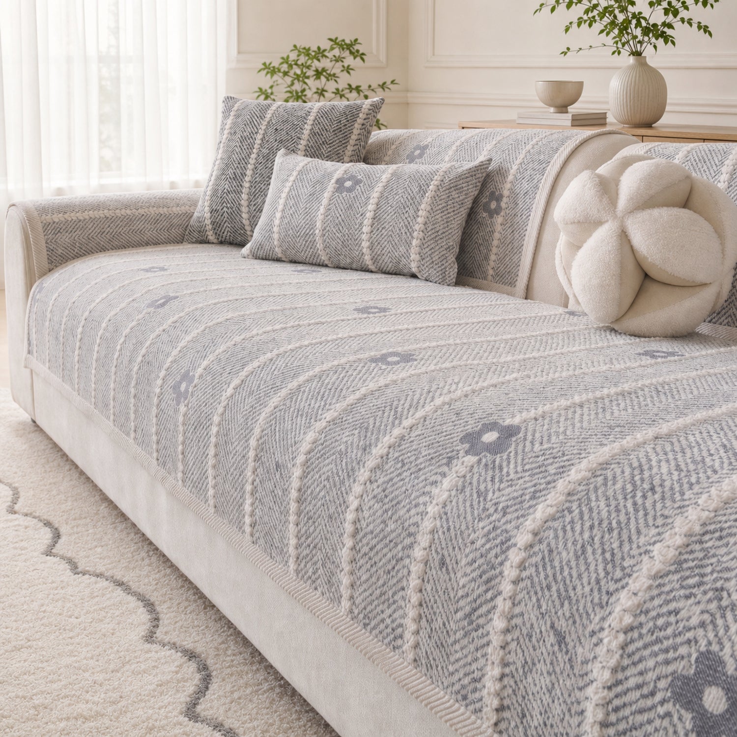 Daisy Stripe Chenille Sofa Protector | Non-Slip Machine-Washable Cover