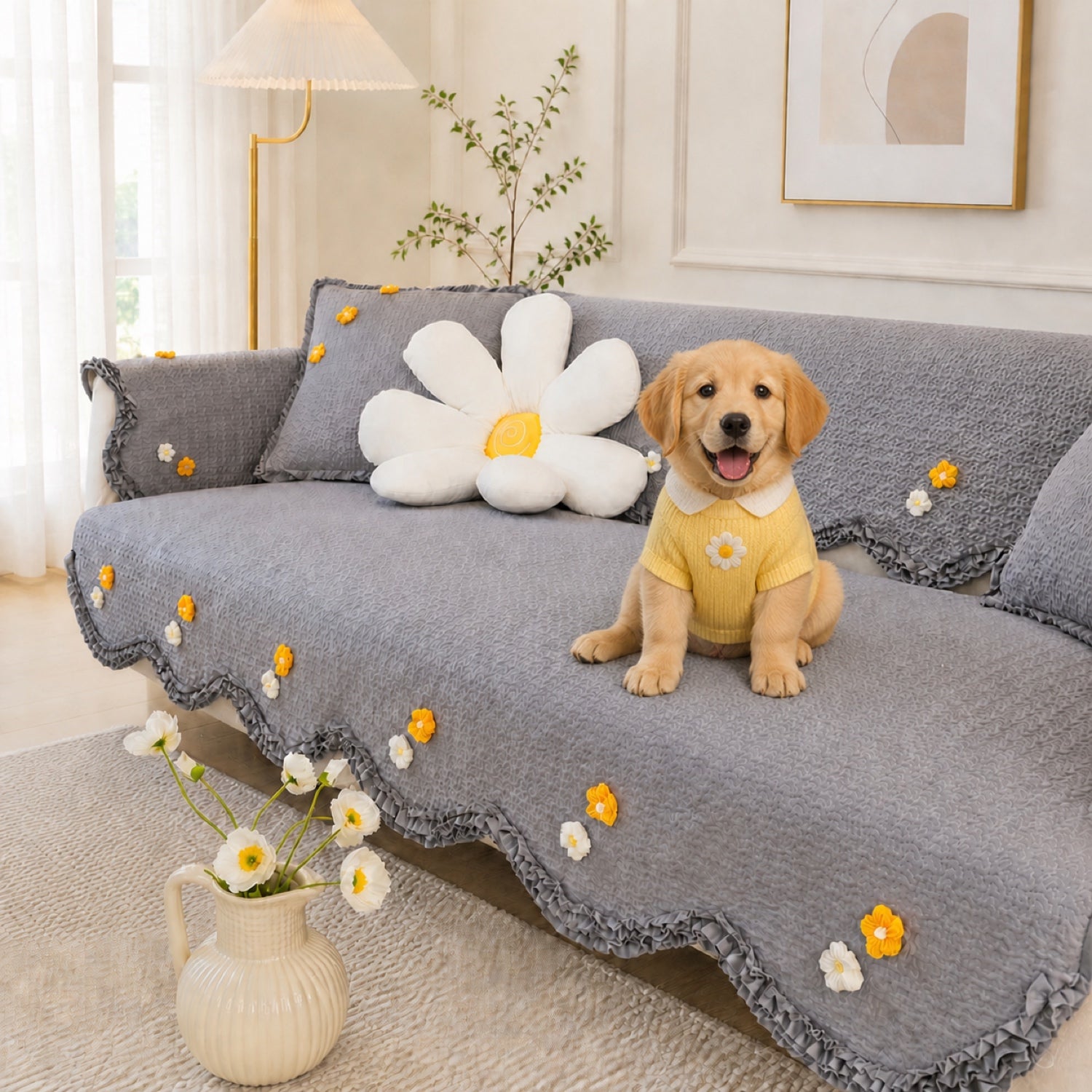 Daisy Ruffle Cotton Sofa Protector | Quilted, Non-Slip & Machine Washable