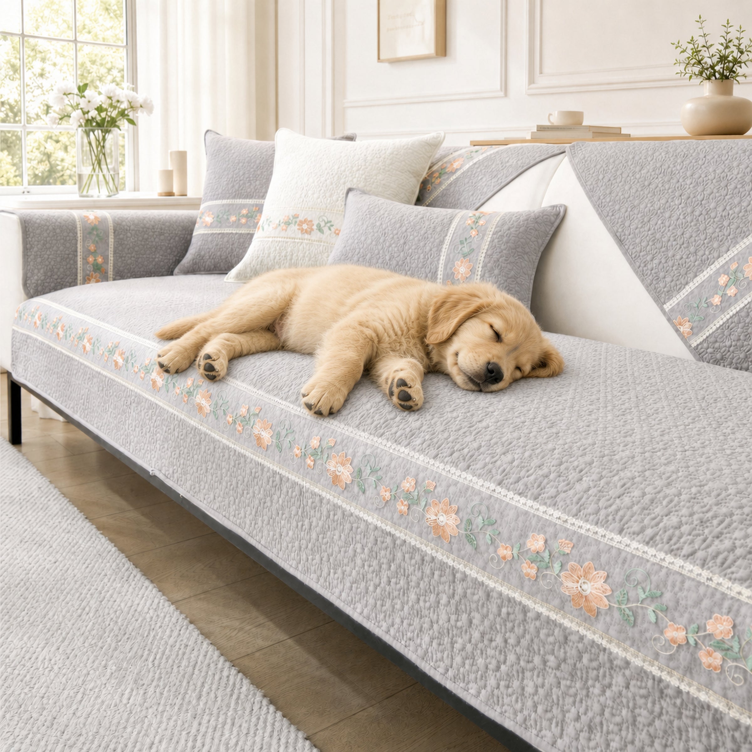 Floral Garden Sofa Cover | Breathable Cotton |  All-Season Anti-Slip Couch Protector