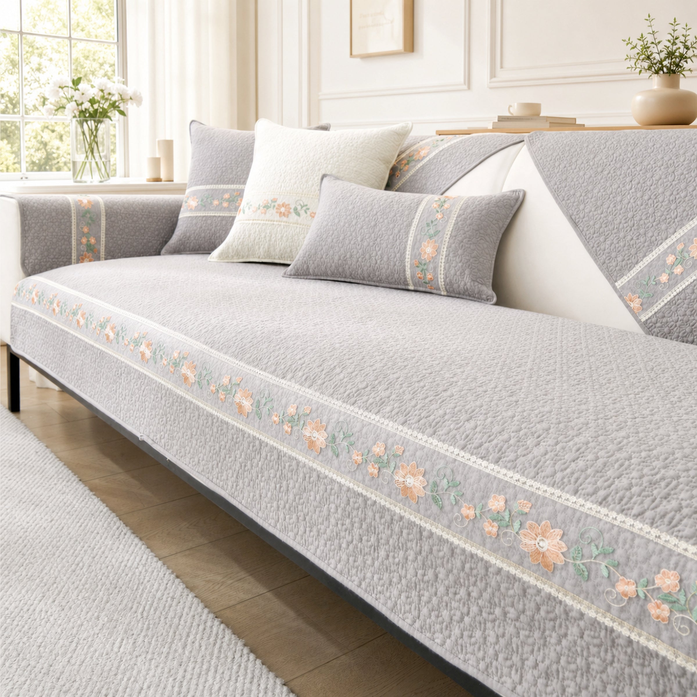 Floral Garden Sofa Cover | Breathable Cotton |  All-Season Anti-Slip Couch Protector