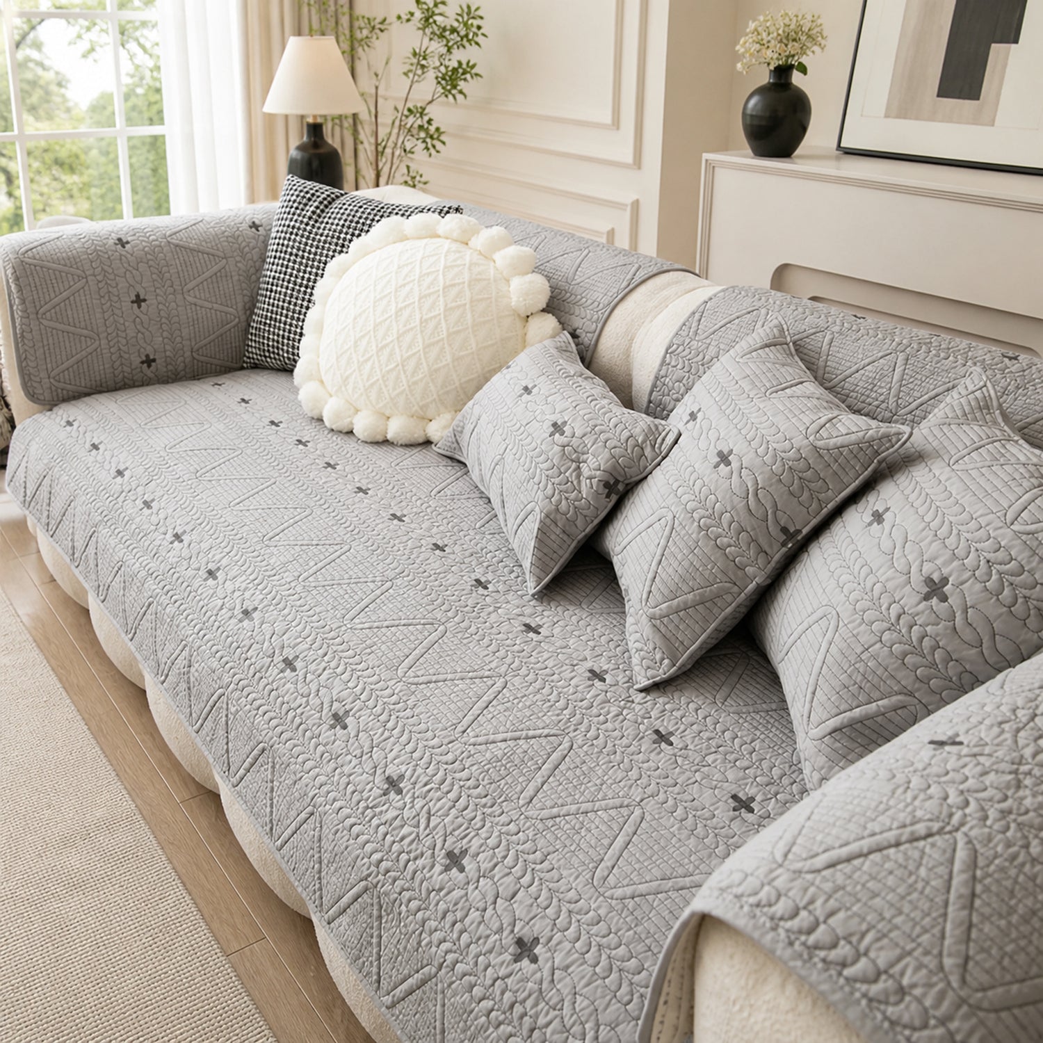 Nordic Cross Quilted Sofa Protector | 100% Cotton Non-Slip Washable Cover