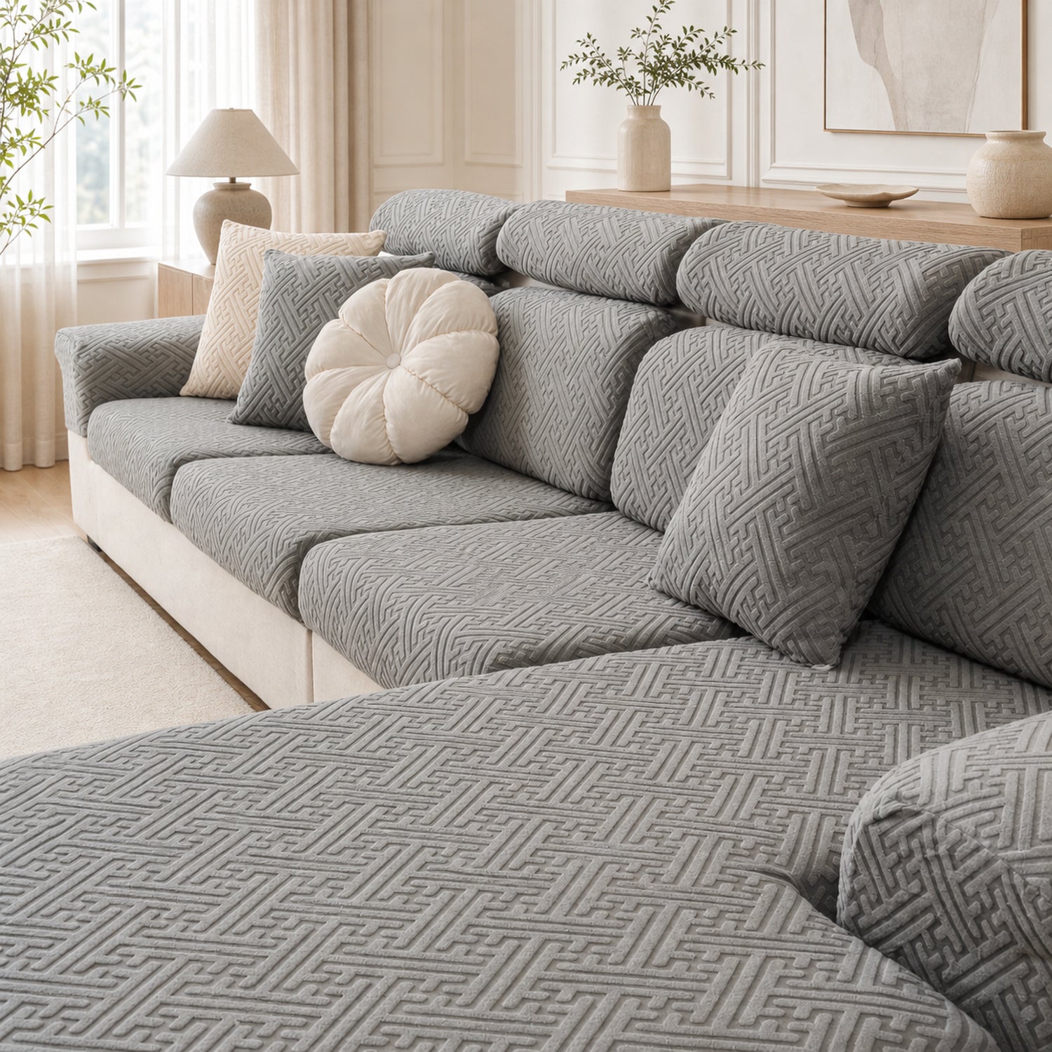 Modern Maze | Stretch Sofa Cushion Covers | Embossed Plush | Washable Sofa Protector