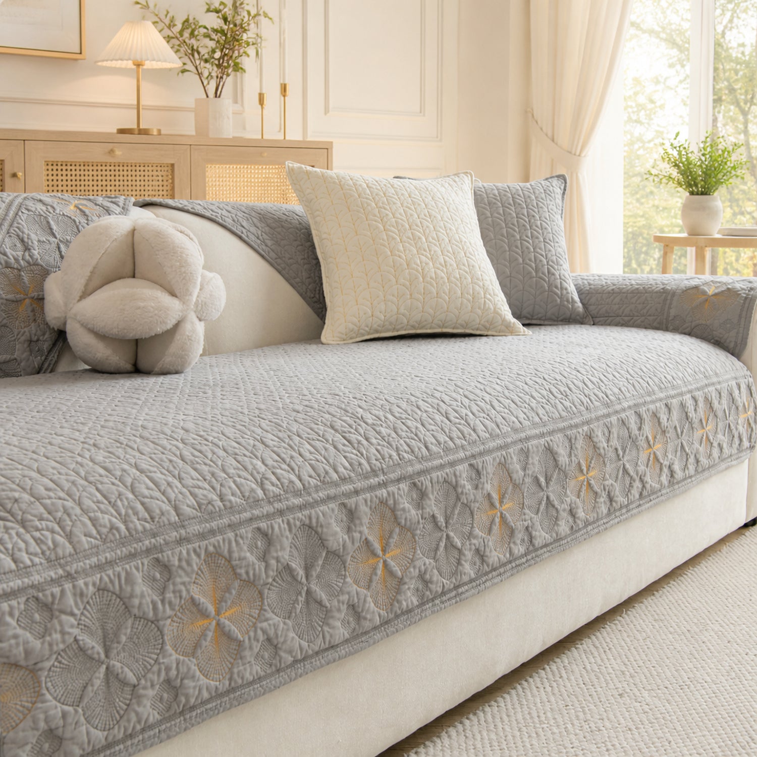 Floral Grace Quilted Sofa Cover | 100% Cotton | Non-Slip Machine-Washable
