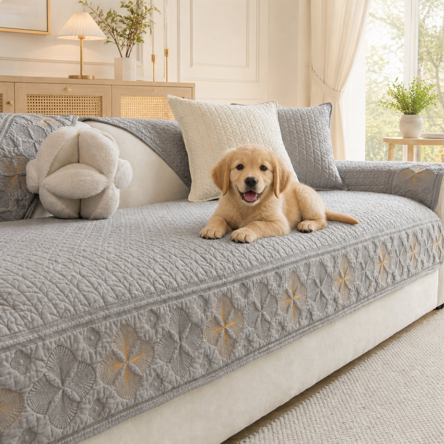 Floral Grace Quilted Sofa Cover | 100% Cotton | Non-Slip Machine-Washable