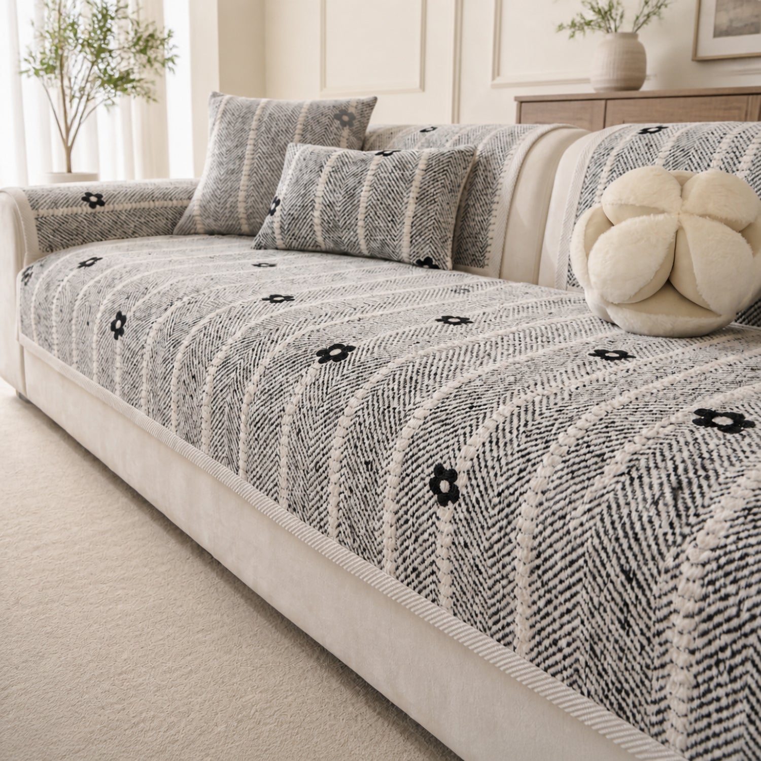 Daisy Stripe Chenille Sofa Protector | Non-Slip Machine-Washable Cover
