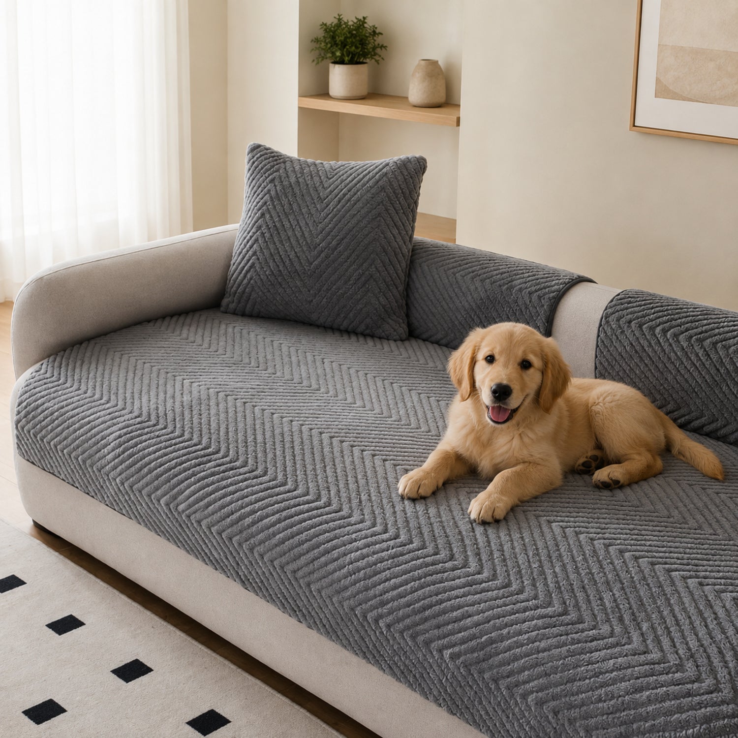 Thickened Plush Herringbone Sofa Cover | Non-Slip Pet-Proof Couch Protector | Machine Washable | Woofing Deals