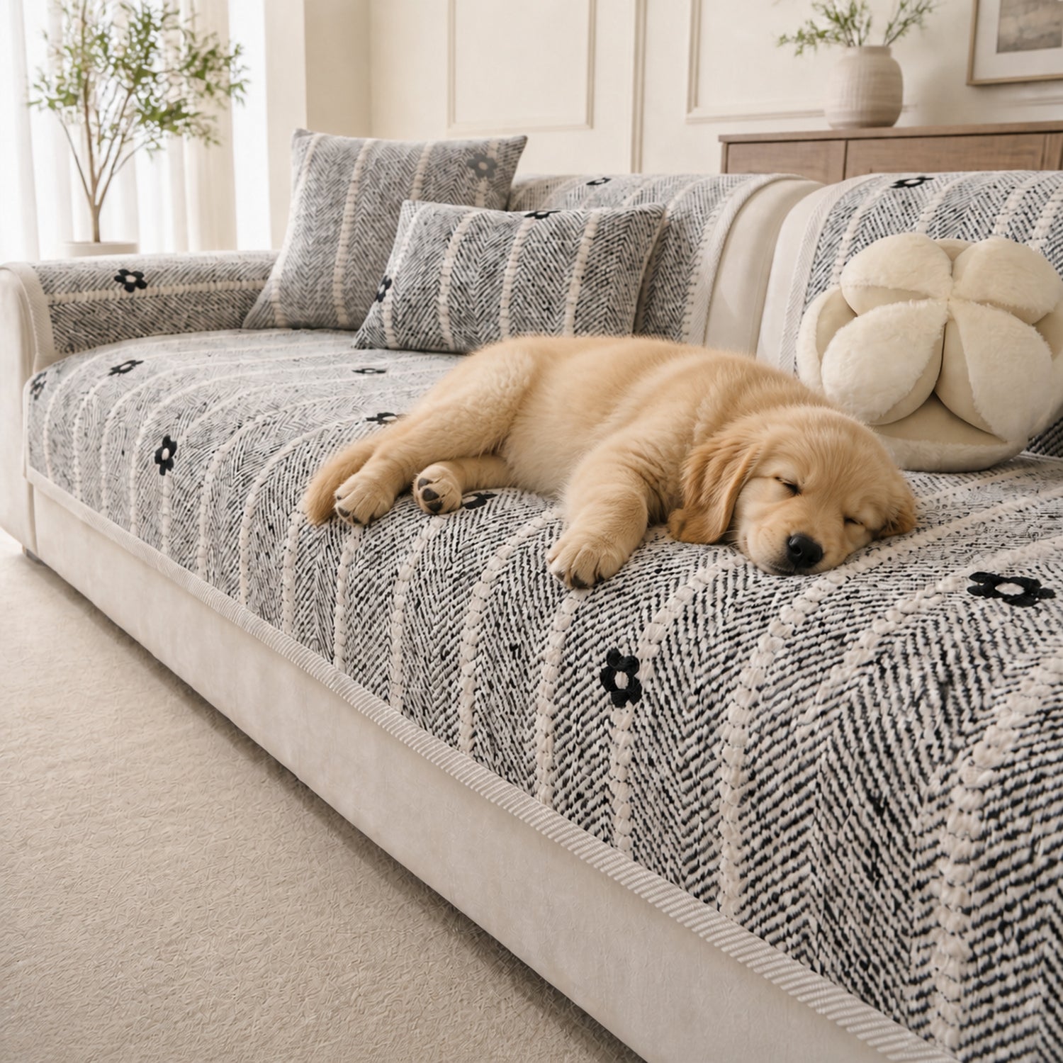 Daisy Stripe Chenille Sofa Protector | Non-Slip Machine-Washable Cover
