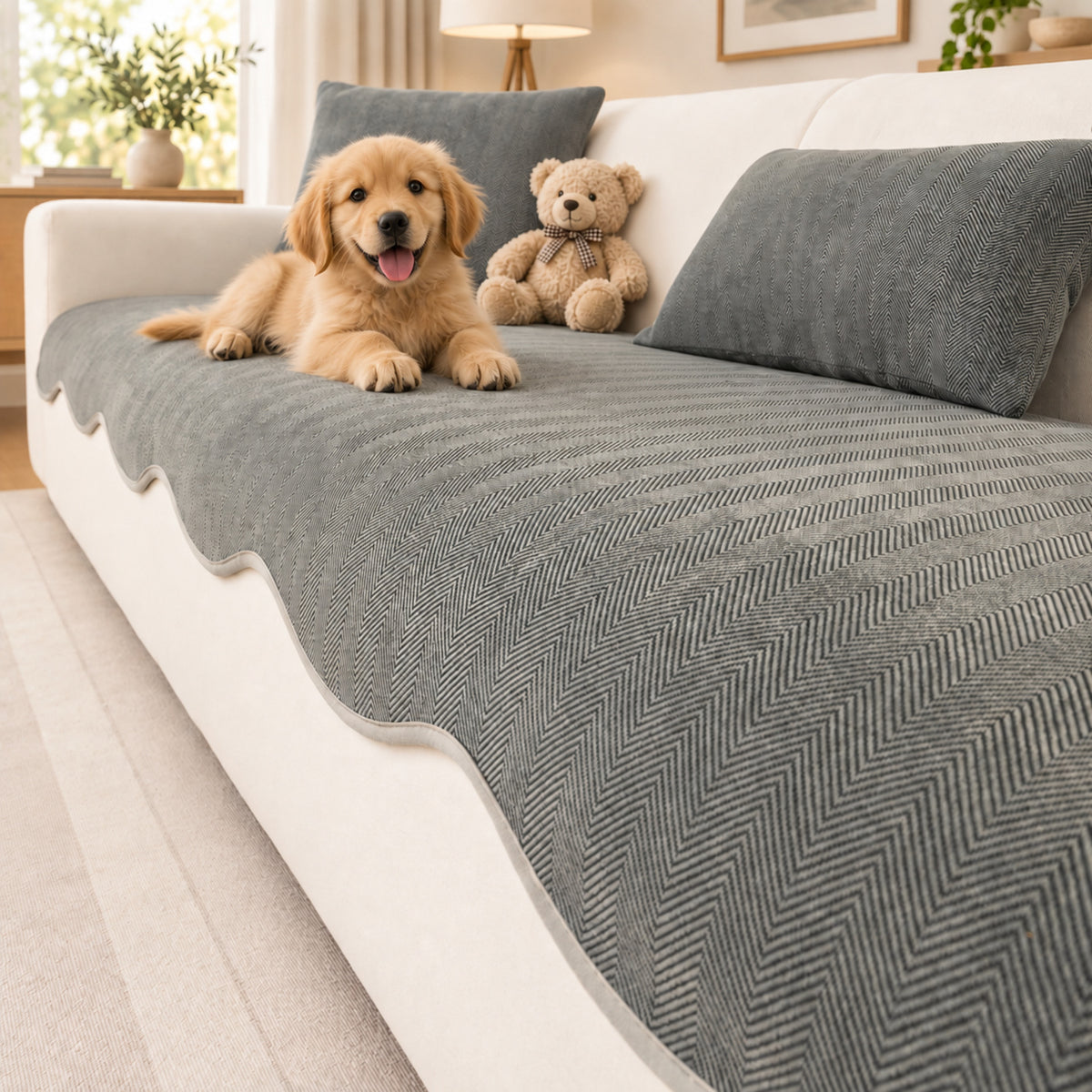 Sofa Cover | Non-Slip Chenille Sofa Protector | Herringbone Pattern with Scalloped Edges