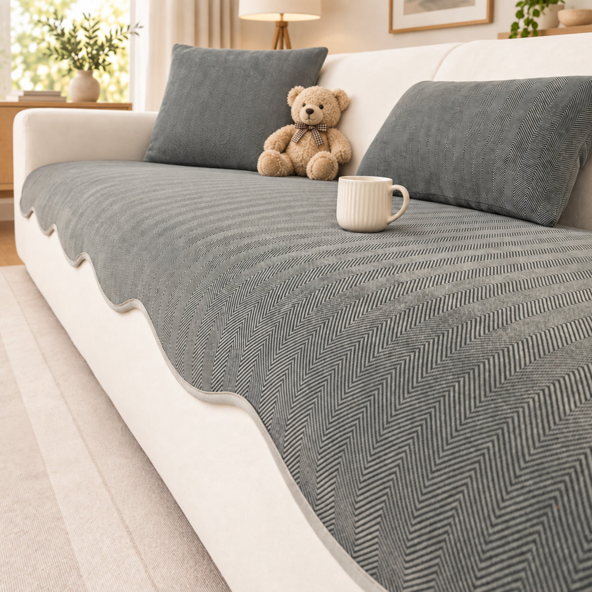 Sofa Cover | Non-Slip Chenille Sofa Protector | Herringbone Pattern with Scalloped Edges