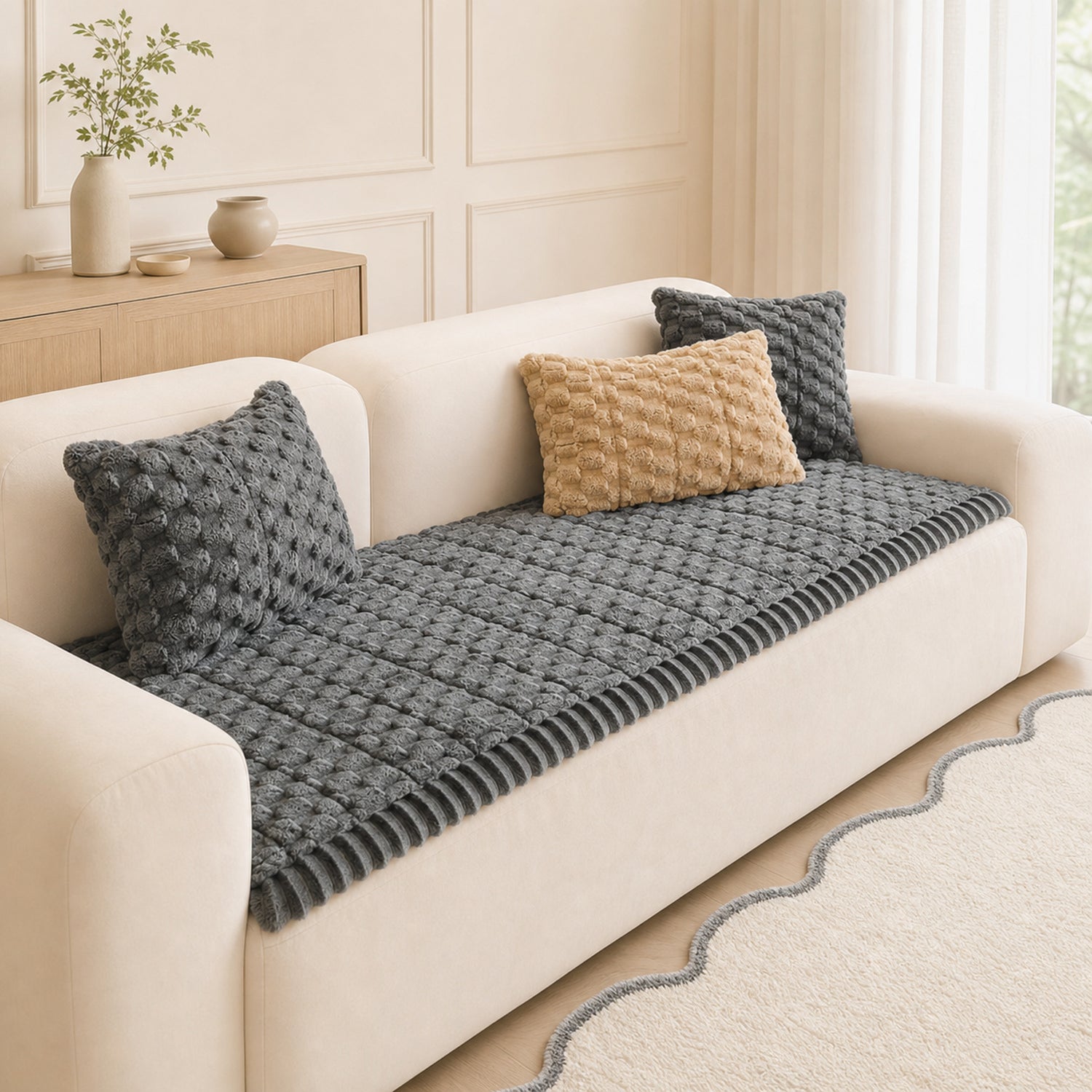Honeycomb Plush Sofa Protector | Thick Non-Slip Washable Pet-Friendly Cover