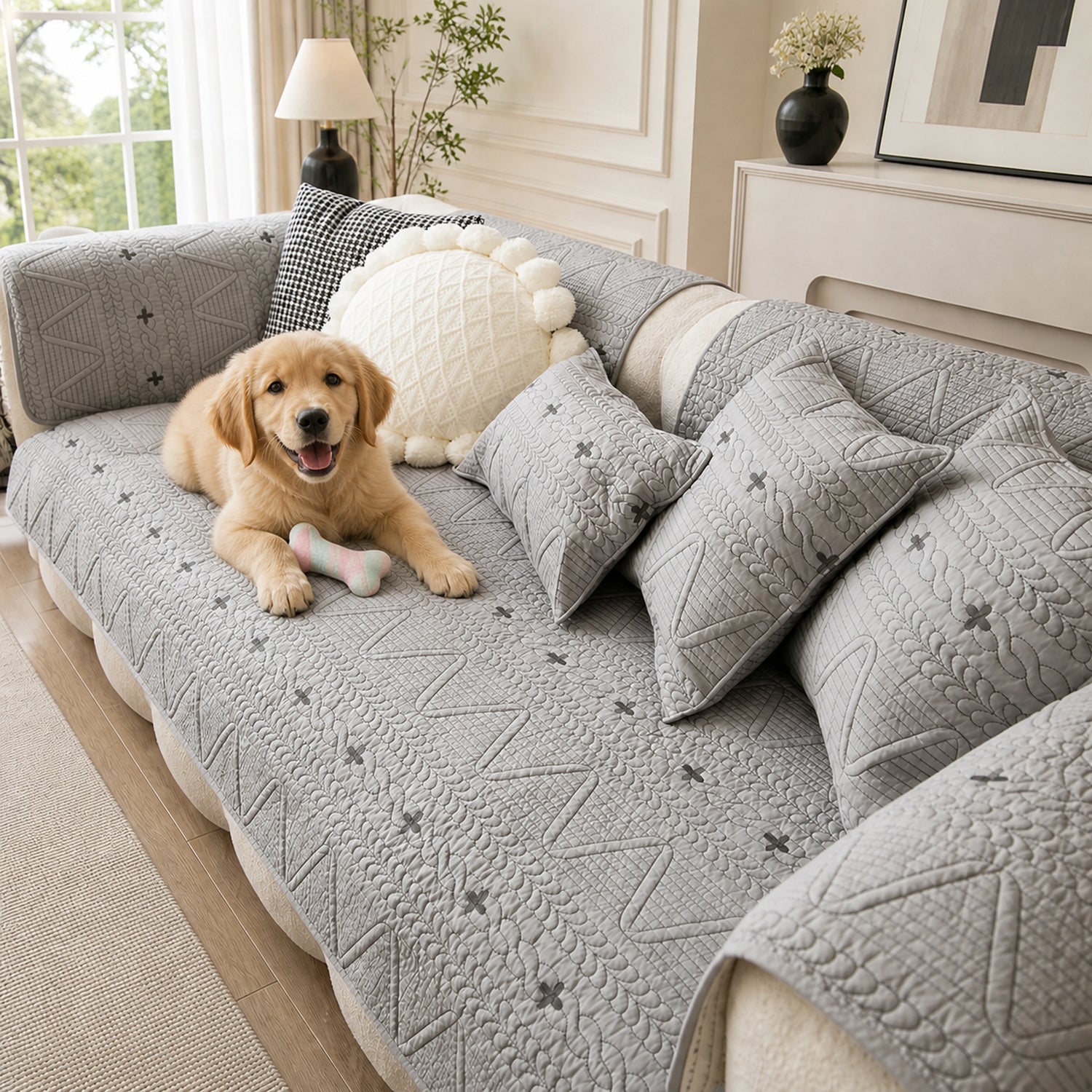 Nordic Cross Quilted Sofa Protector | 100% Cotton Non-Slip Washable Cover