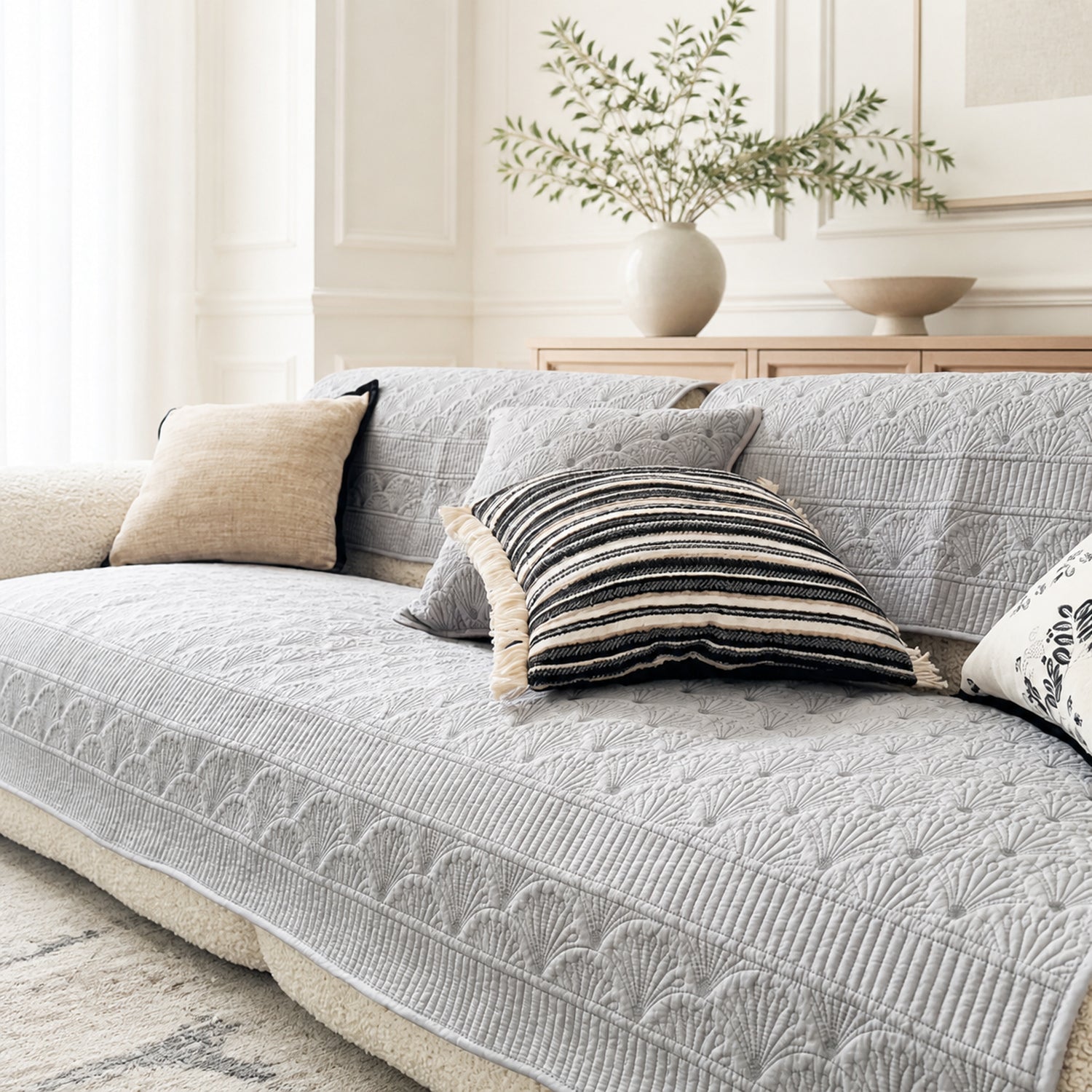 Fanleaf Cotton Sofa Protector | Embroidered Non-Slip Machine Washable Cover