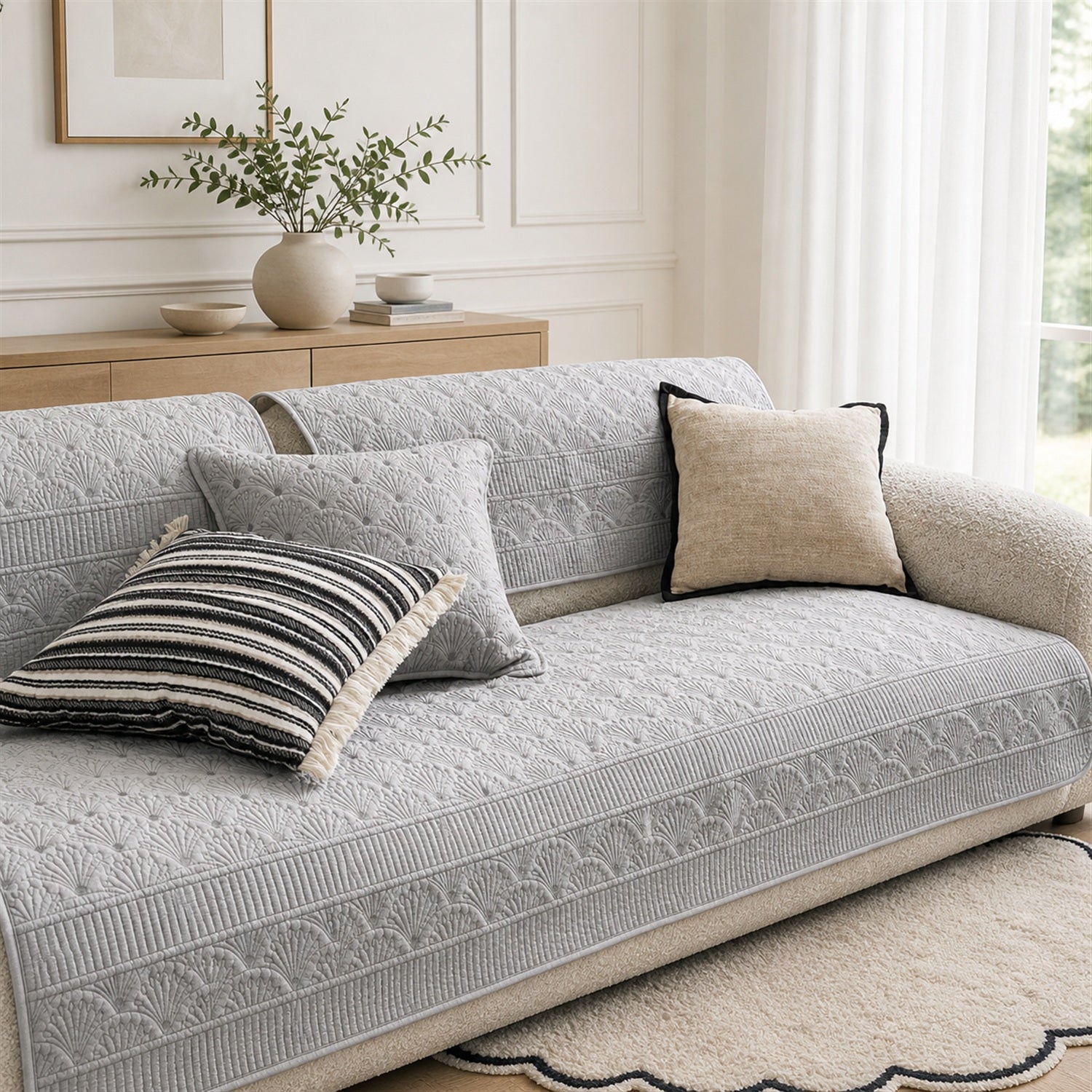 Fanleaf Cotton Sofa Protector | Embroidered Non-Slip Machine Washable Cover