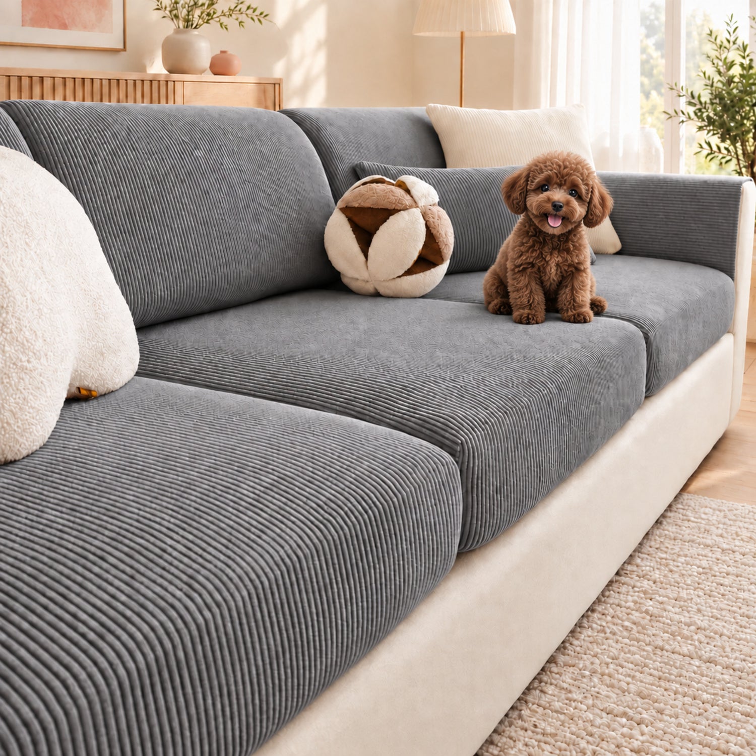 Striped Corduroy Stretch Sofa Cushion Covers | Scratch-Resistant Washable Sofa Protector