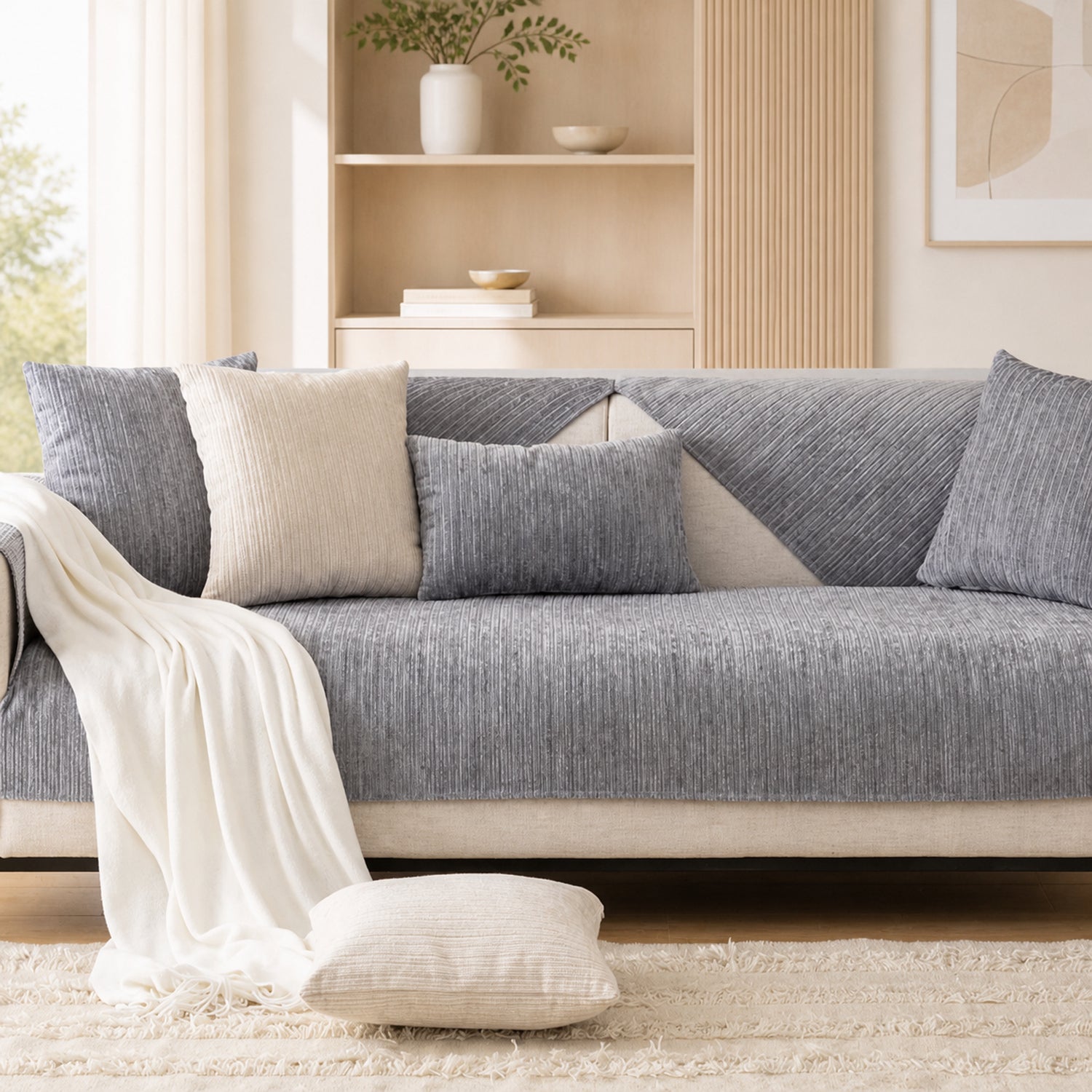 Soft Line Chenille Sofa Protector | Non-Slip Ribbed Design | Machine Washable
