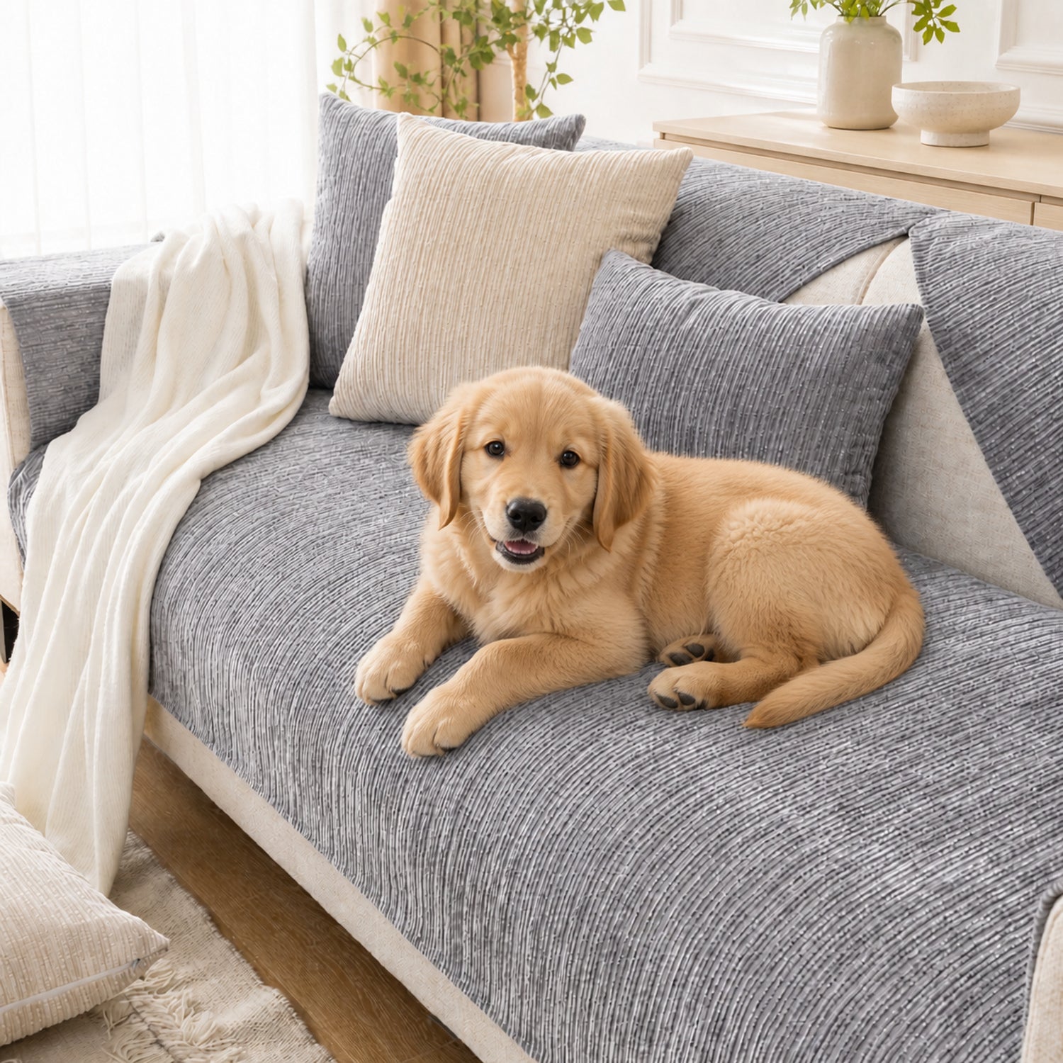 Soft Line Chenille Sofa Protector | Non-Slip Ribbed Design | Machine Washable