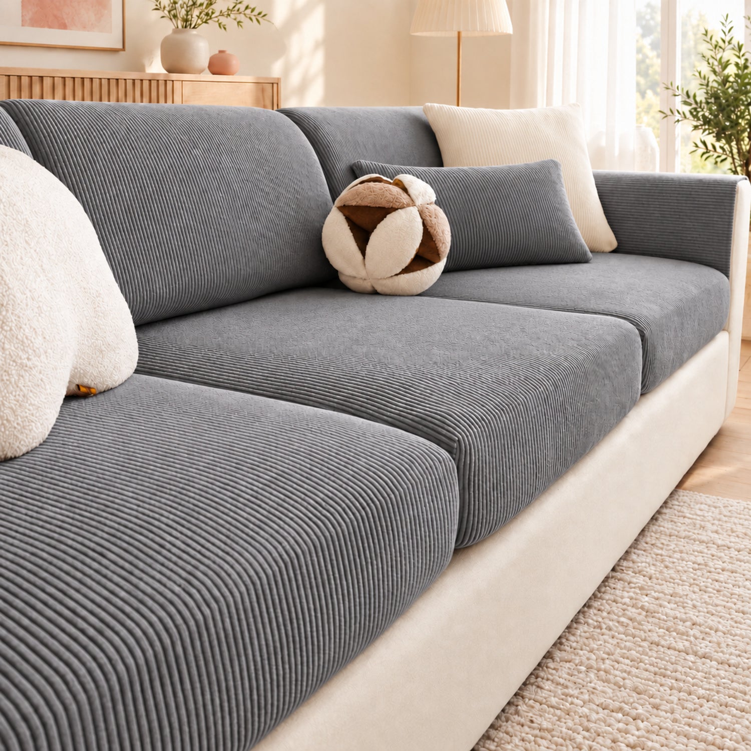 Striped Corduroy Stretch Sofa Cushion Covers | Scratch-Resistant Washable Sofa Protector