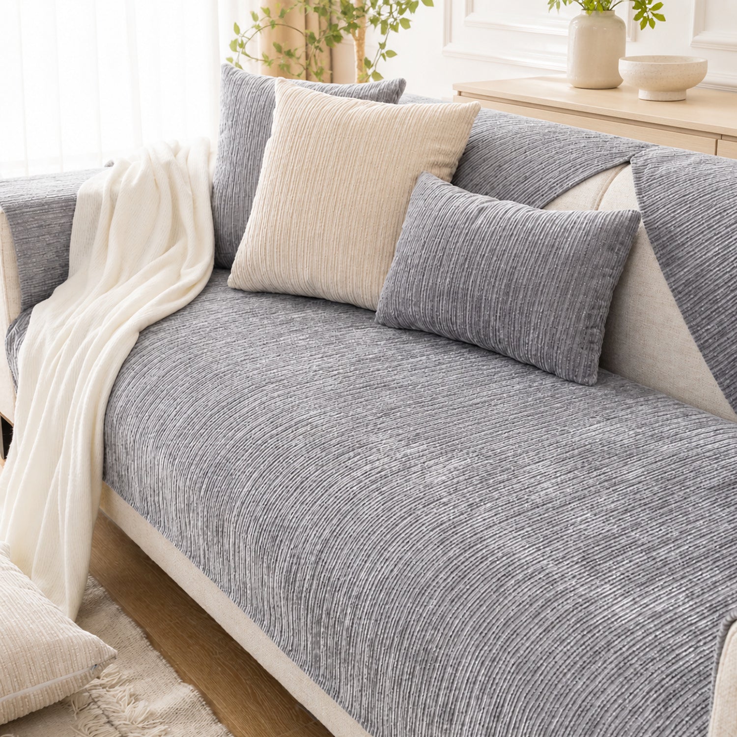 Soft Line Chenille Sofa Protector | Non-Slip Ribbed Design | Machine Washable