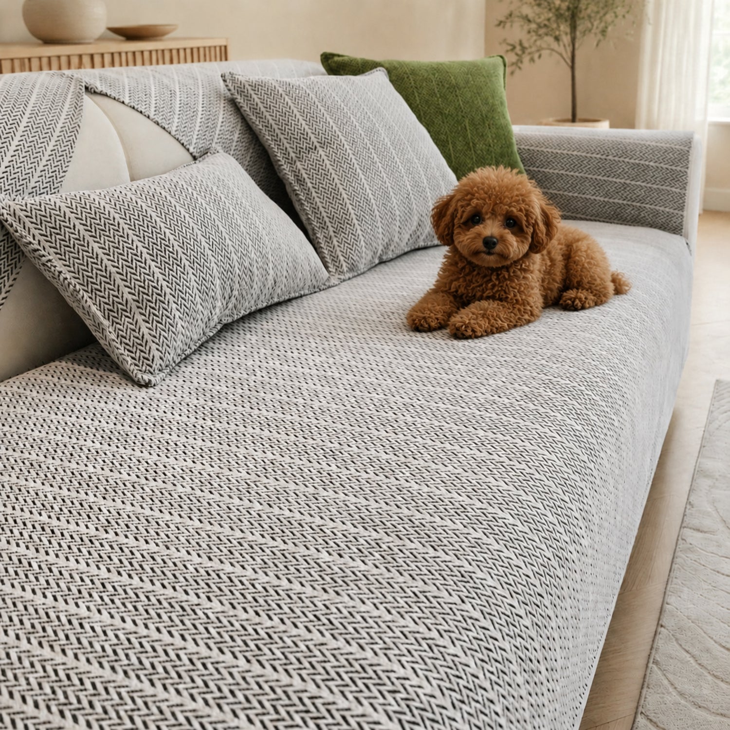 Solid Colour Chenille Sofa Cover | Anti-Scratch Herringbone Couch Protector | Durable | Woofing Deals