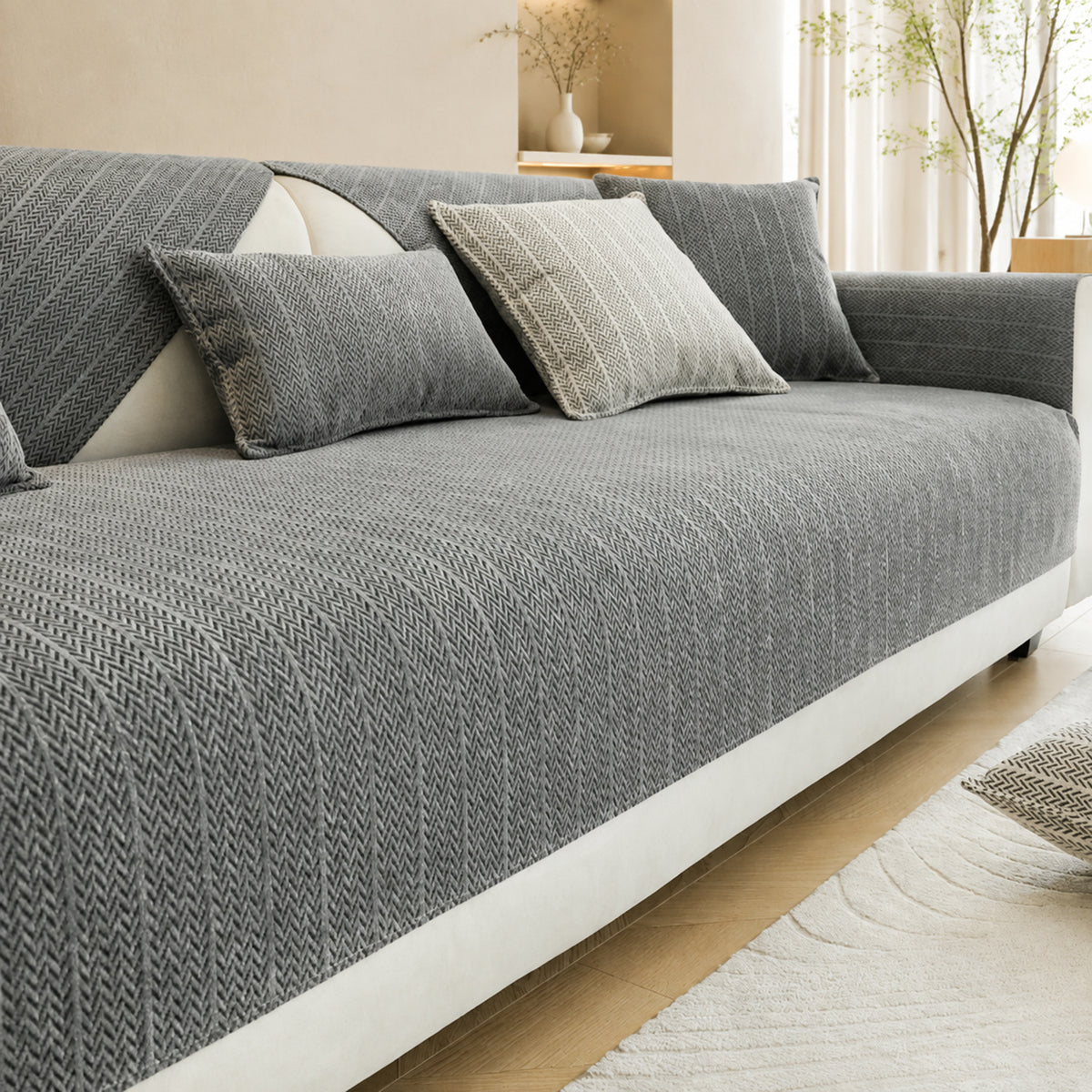 Solid Colour Chenille Sofa Cover | Anti-Scratch Herringbone Couch Protector | Durable | Woofing Deals