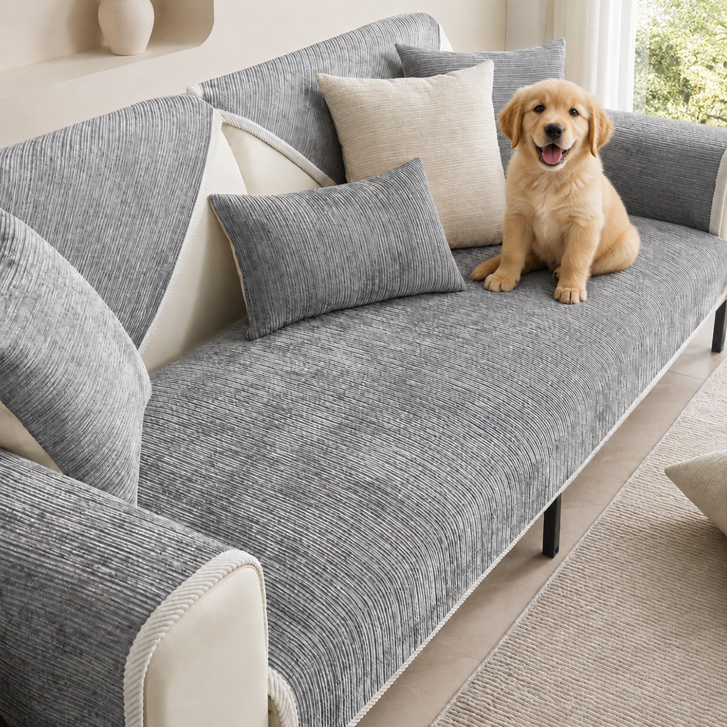Striped Chenille Sofa Cover | Anti-Scratch & Non-Slip | Pet Proof | Machine Washable | Woofing Deals