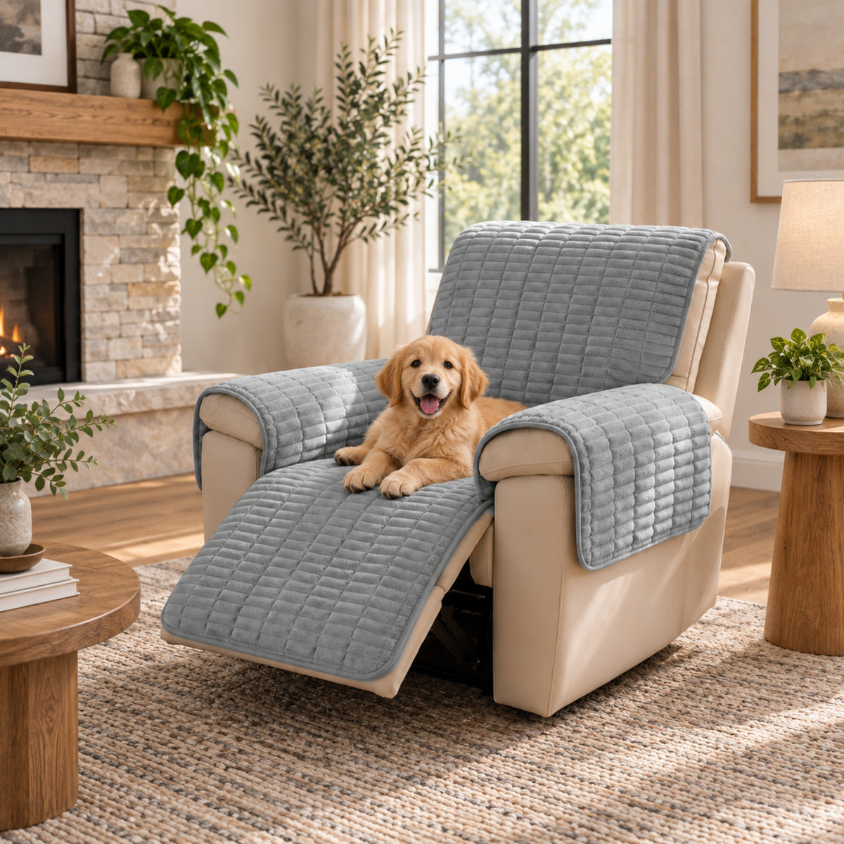 Flannel Recliner Sofa Cover | One-Piece Non-Slip Pet Protector with Elastic Straps