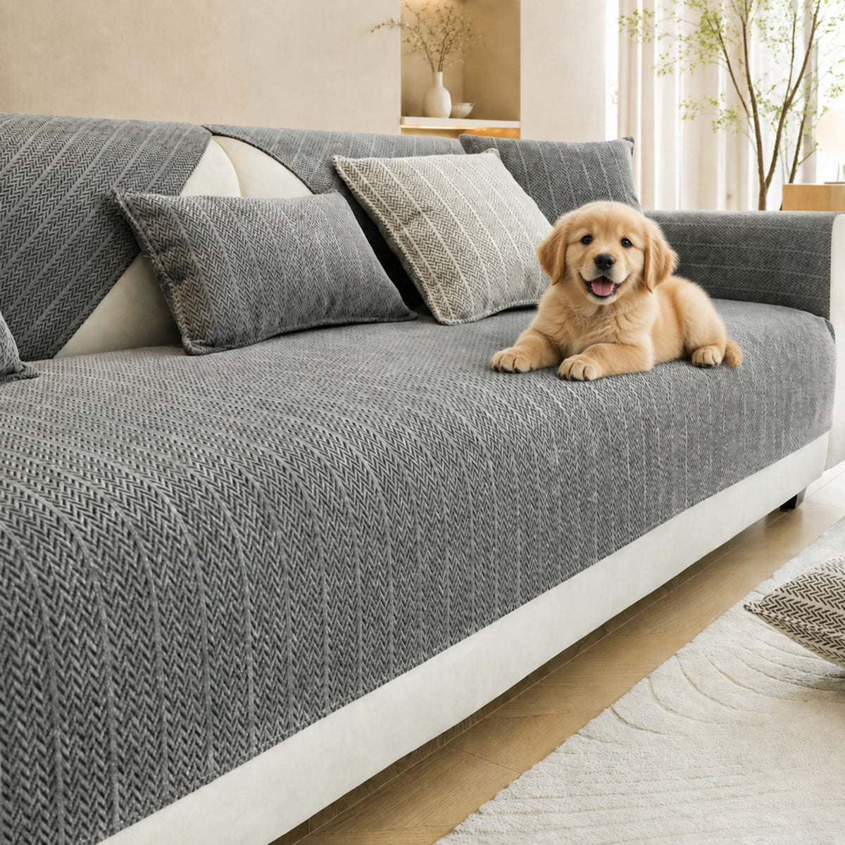 Solid Colour Chenille Sofa Cover | Anti-Scratch Herringbone Couch Protector | Durable | Woofing Deals