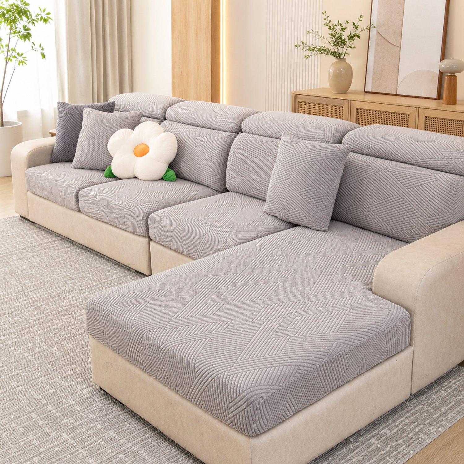 Geometric Stretch Sofa Protector | Full-Wrap Washable Cushion Cover