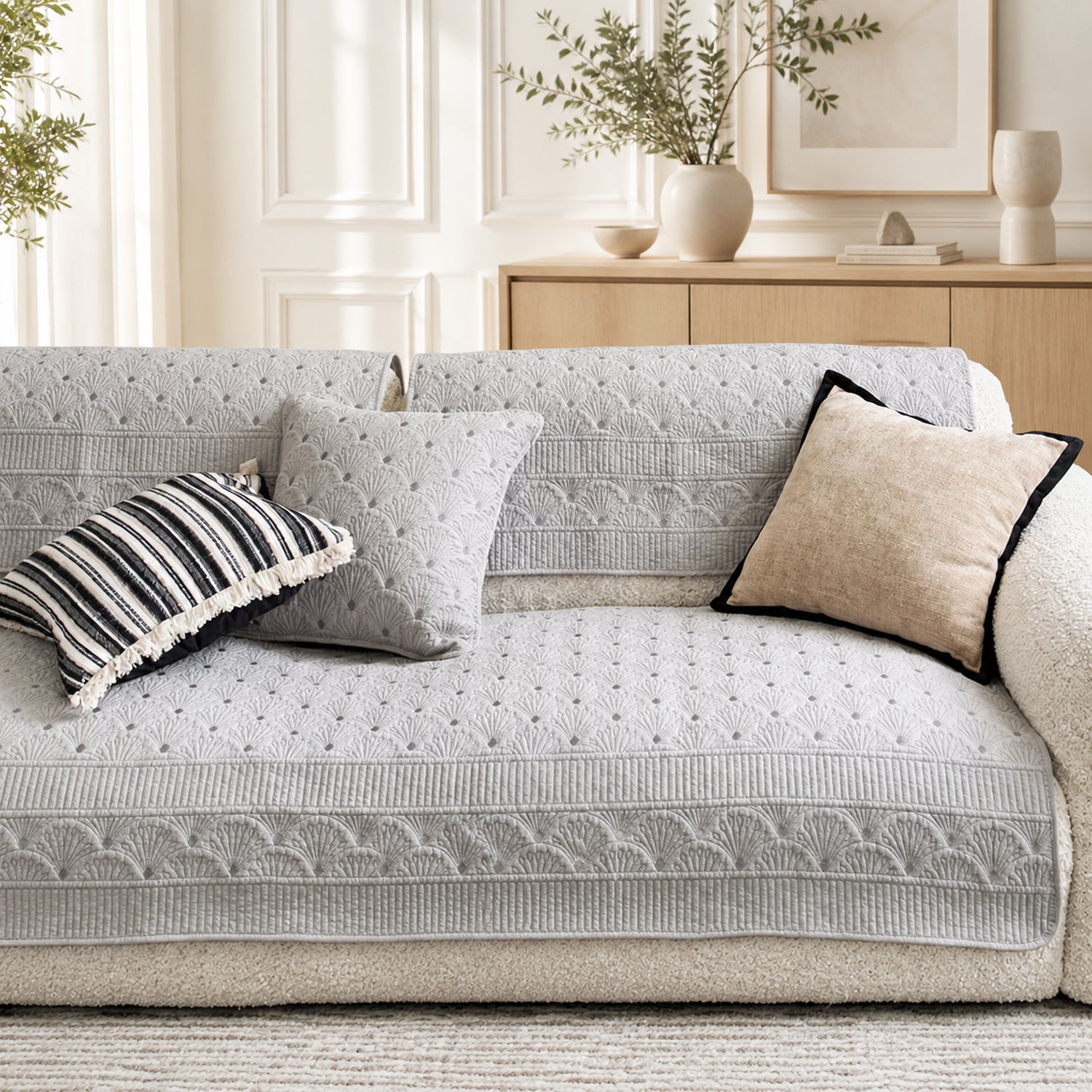 Fanleaf Cotton Sofa Protector | Embroidered Non-Slip Machine Washable Cover