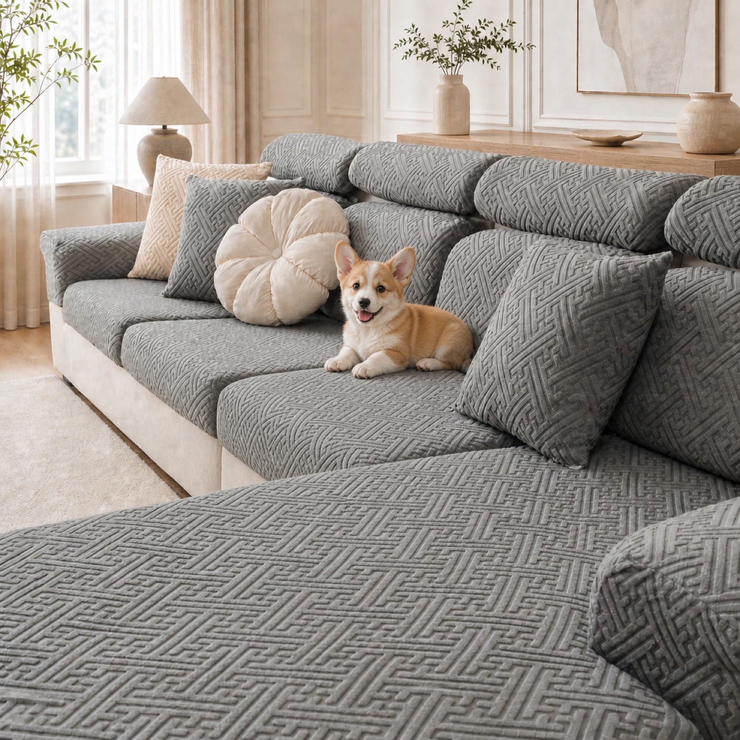 Modern Maze | Stretch Sofa Cushion Covers | Embossed Plush | Washable Sofa Protector