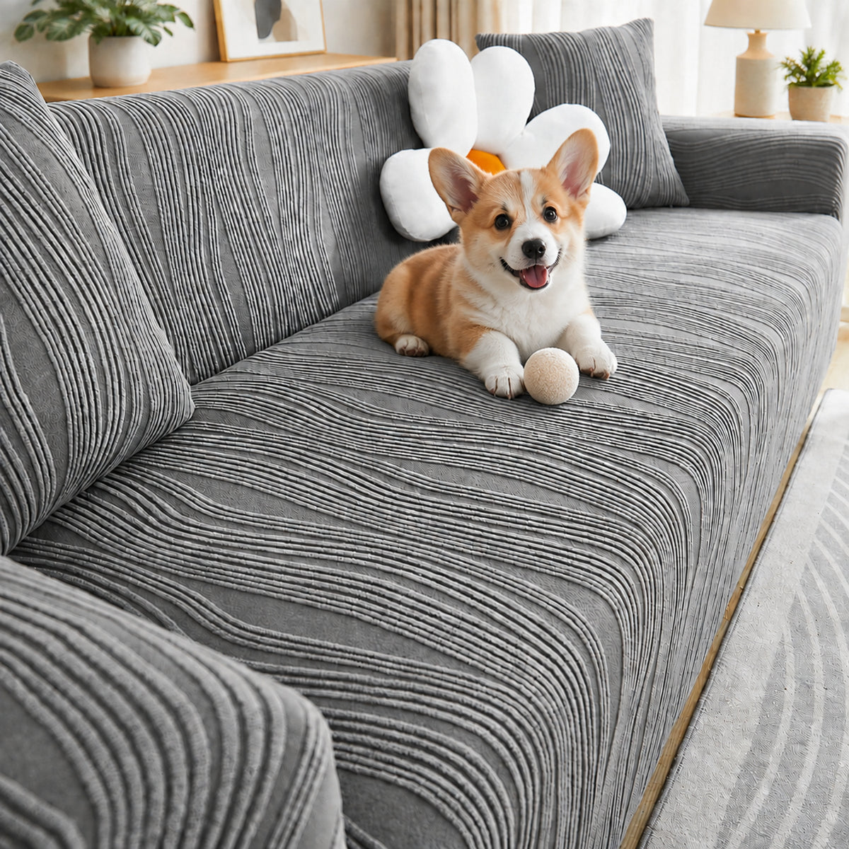 Ribbed Jacquard Stretch Sofa Protector | Knitted Fleece Full-Coverage Cover