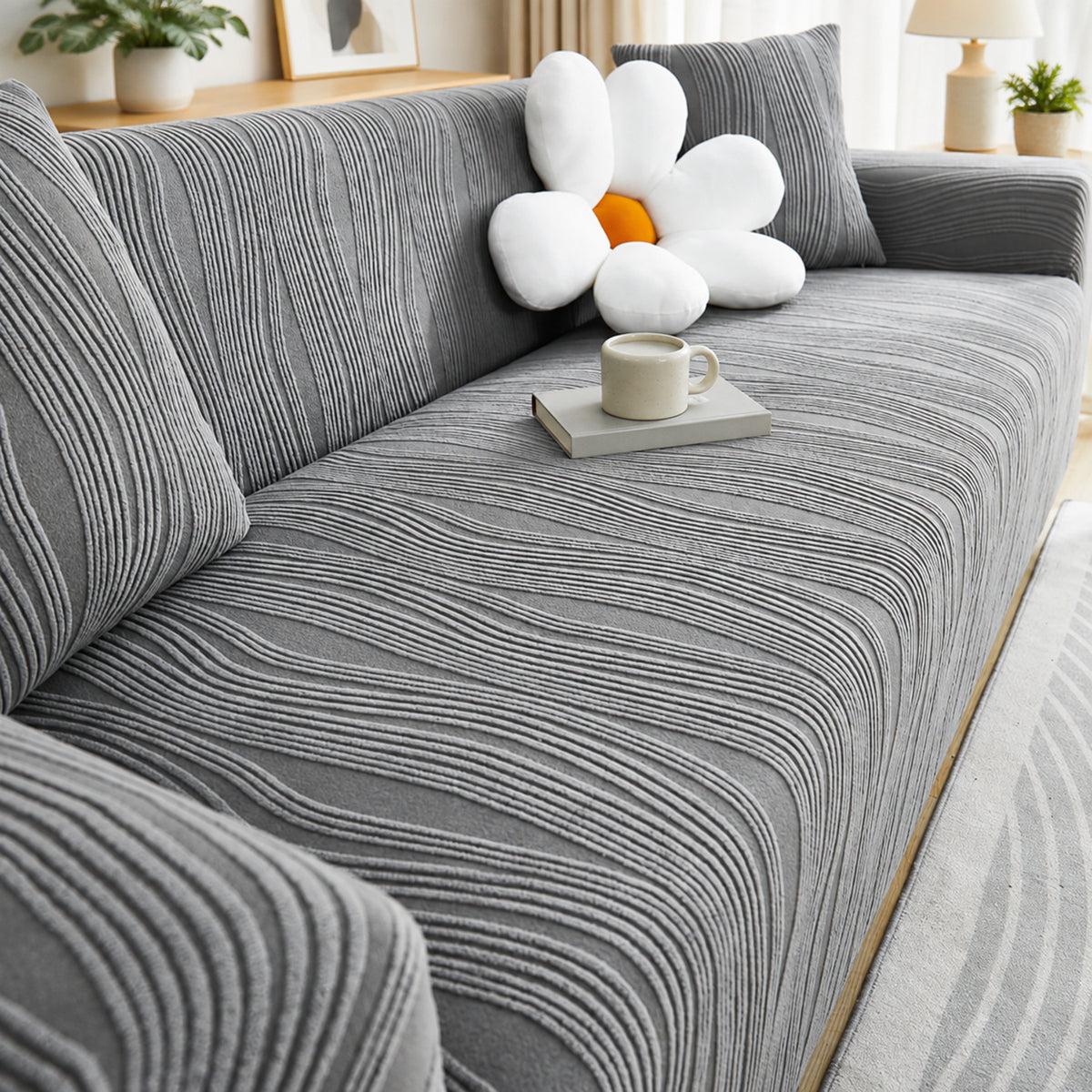 Ribbed Jacquard Stretch Sofa Protector | Knitted Fleece Full-Coverage Cover