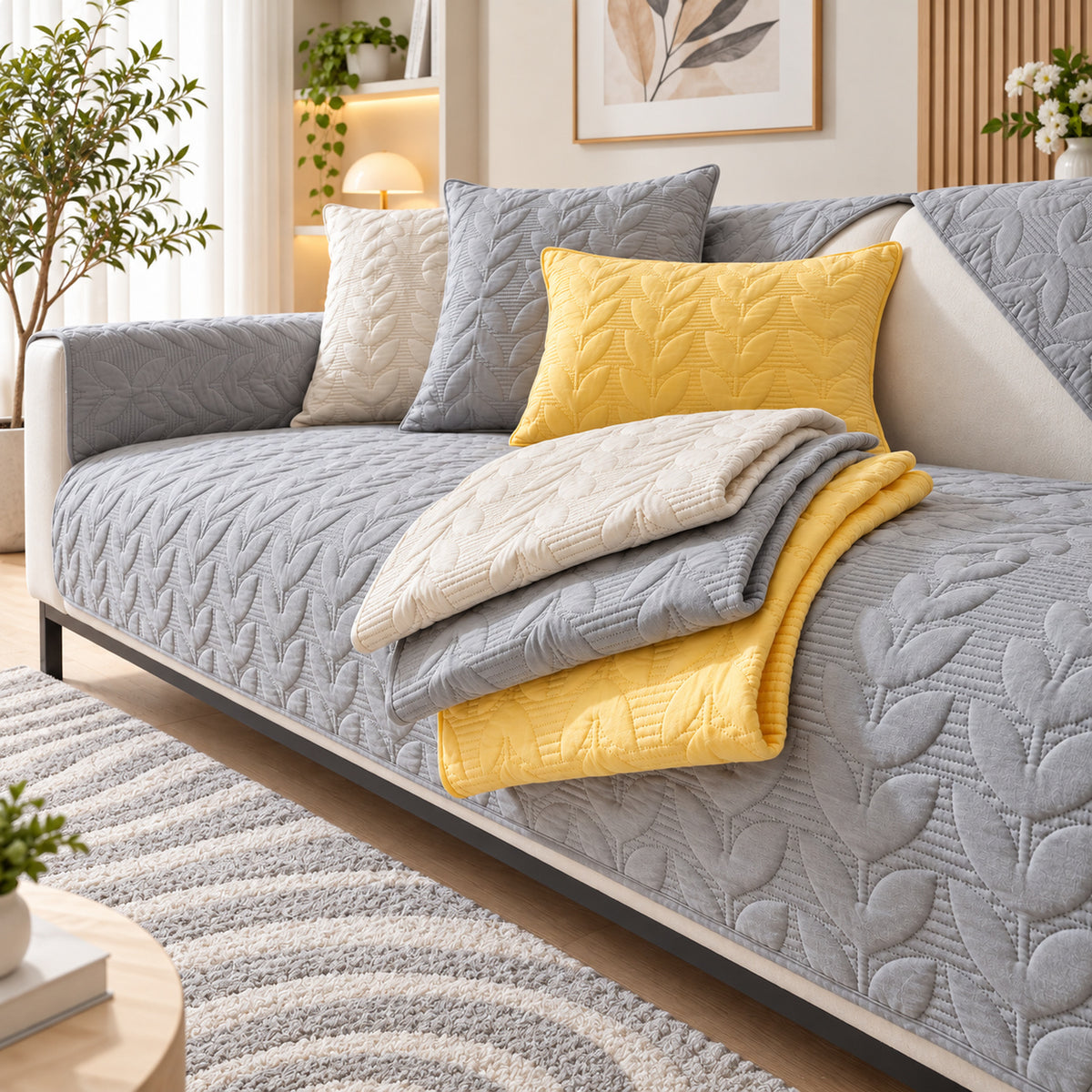Leafy Vine Sofa Cover | Quilted Cotton | Non-Slip Sofa Protector