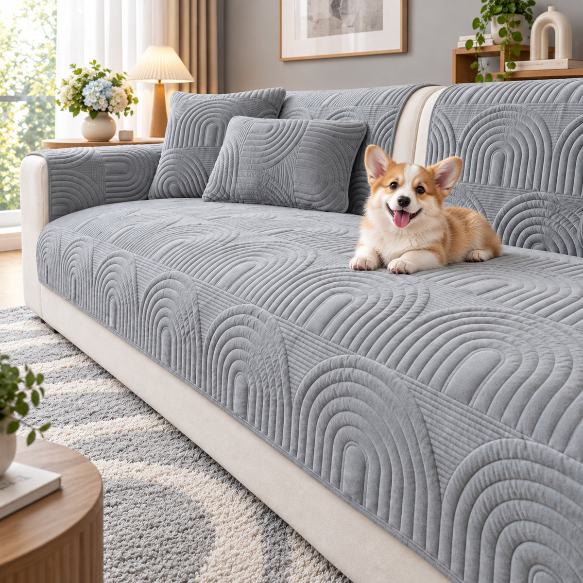 Ripple Arch Sofa Cover | Quilted Velour | Non-Slip Sofa Protector