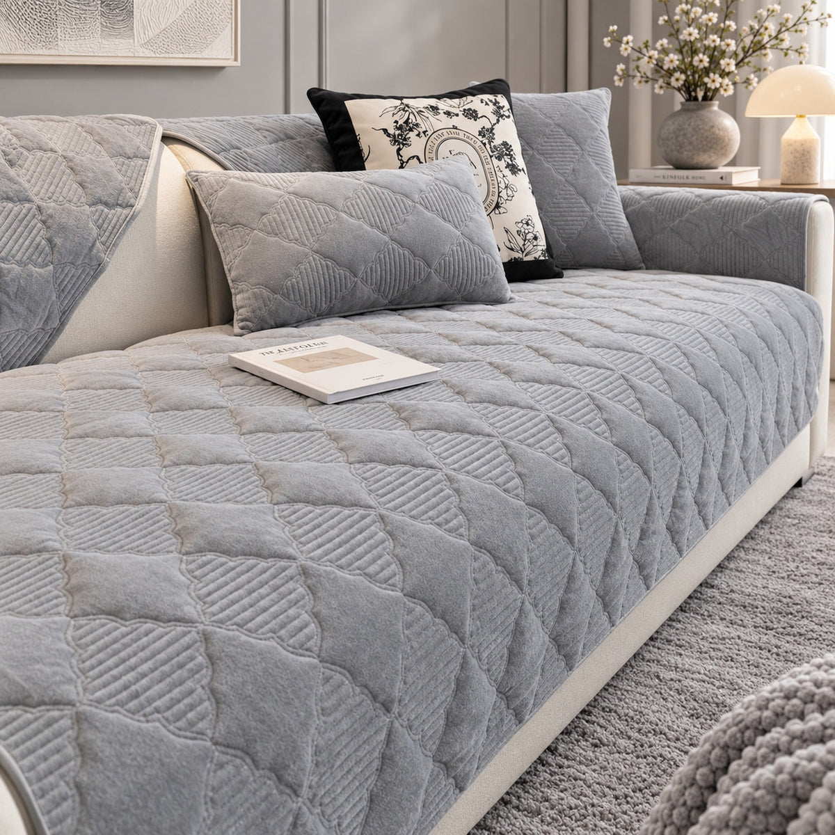 Quilted Sofa Cover | Soft Plush Velvet | Non-Slip, Machine-Washable Sofa Protector