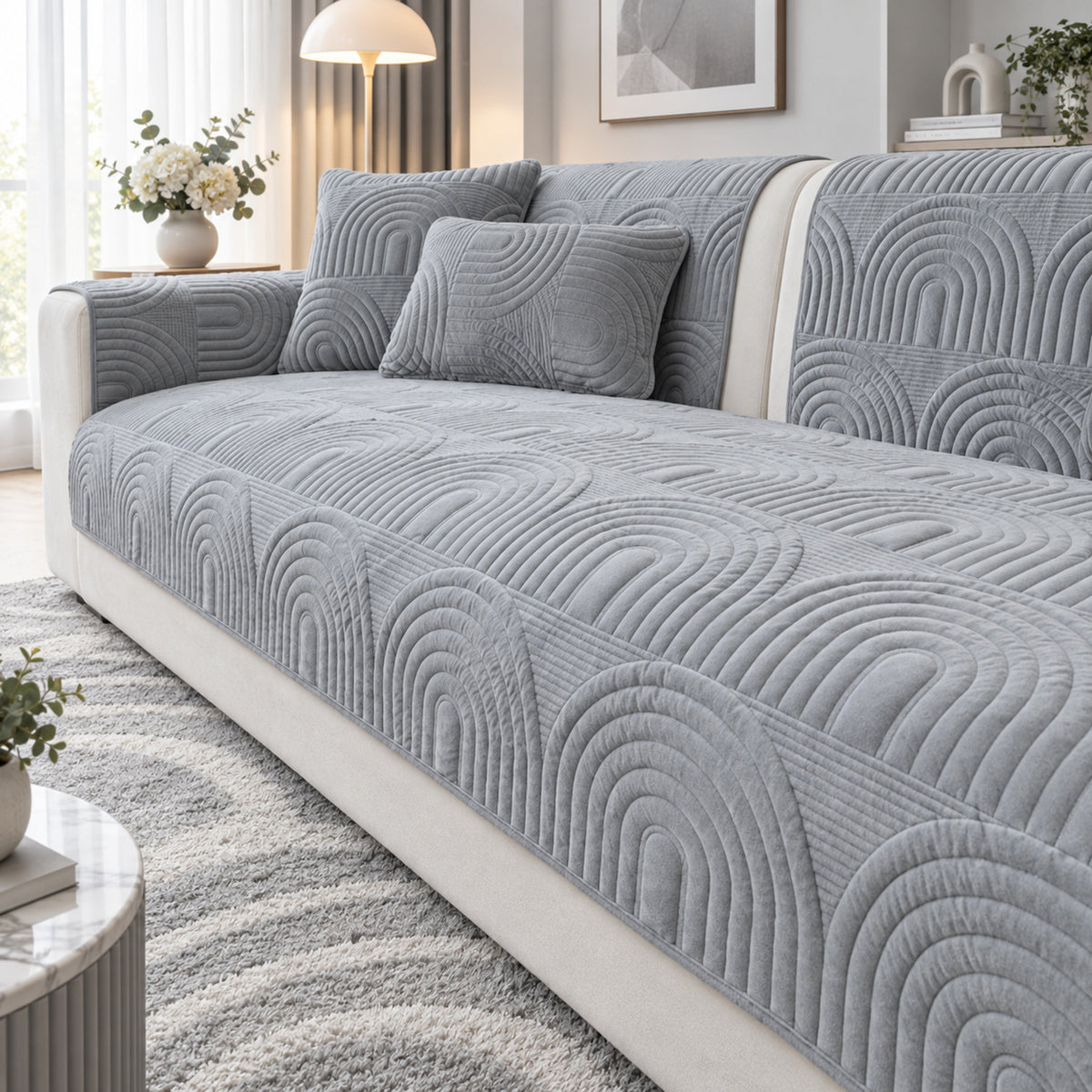 Ripple Arch Sofa Cover | Quilted Velour | Non-Slip Sofa Protector