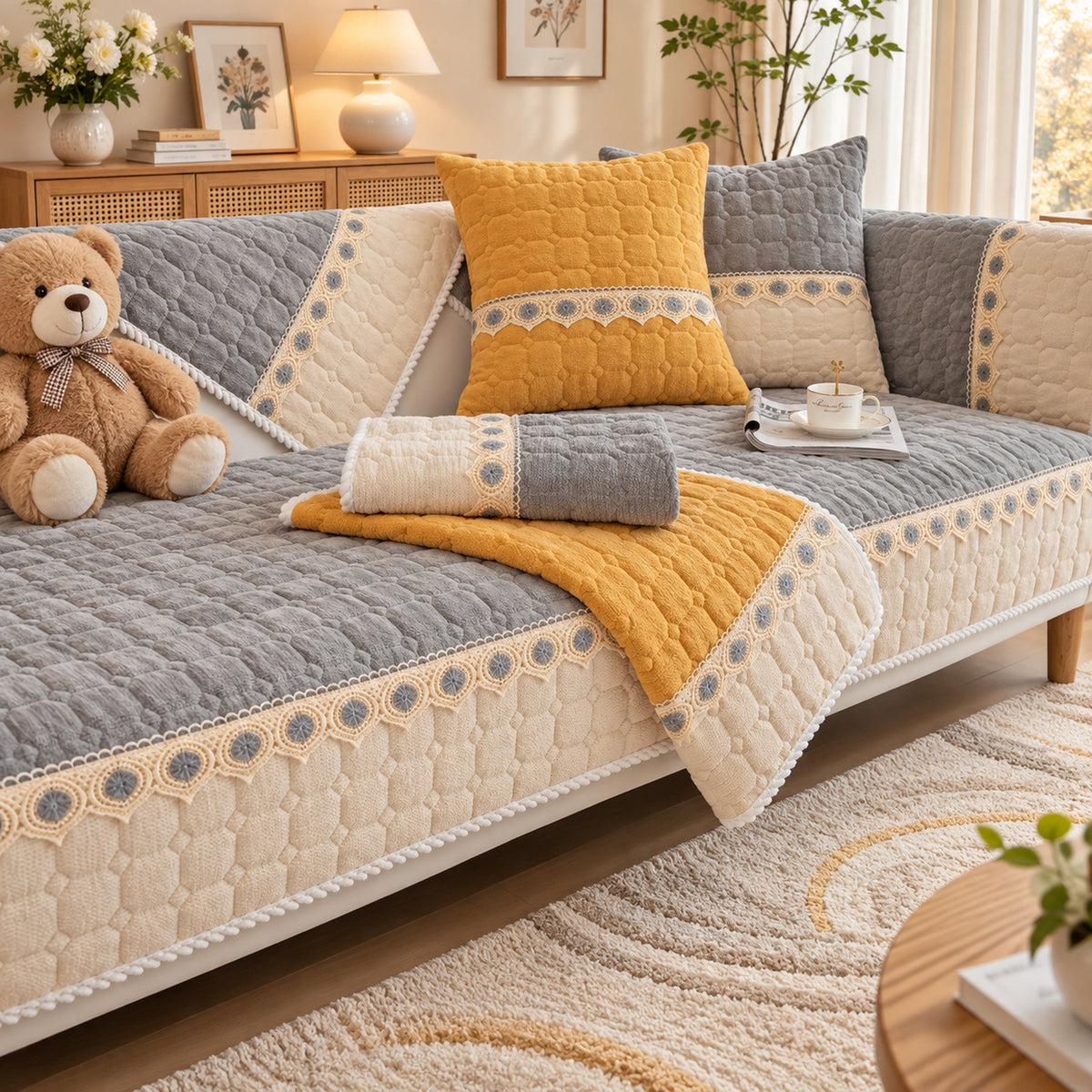 Honeycomb Sofa Cover | Quilted Corduroy | Non-Slip Washable Sofa Protector