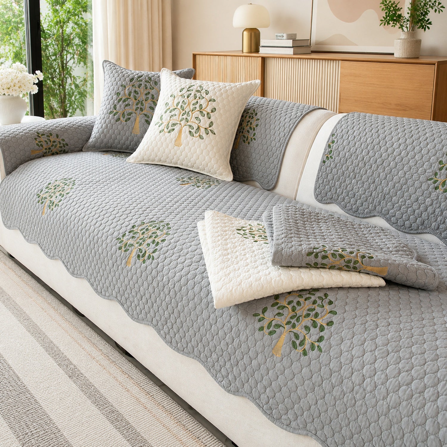 Tree Embroidered Cotton Sofa Protector | Quilted Non-Slip Machine Washable Cover