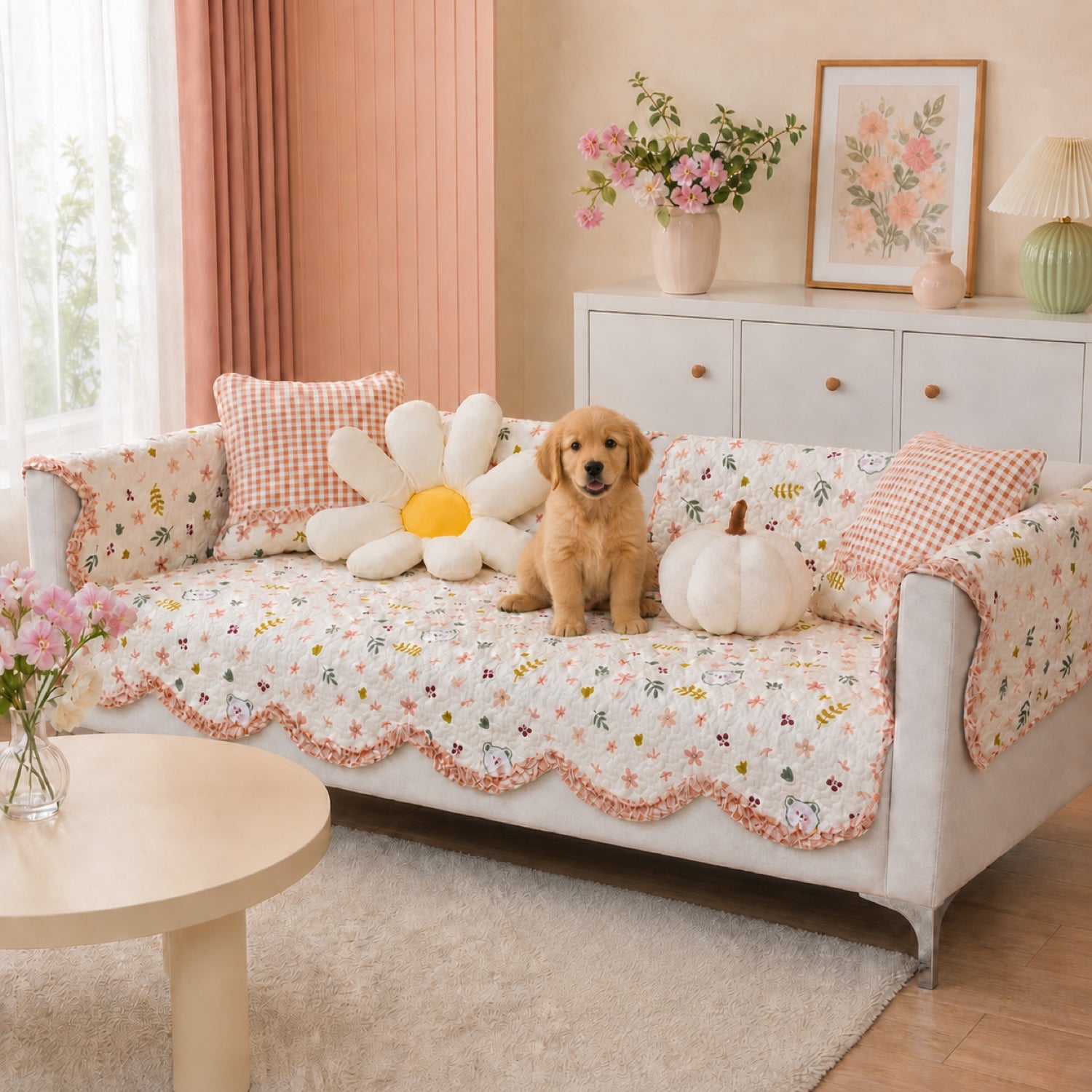 Cream butterfly-pattern sofa cover with pom-pom trim, styled with a brown poodle holding a teddy bear.