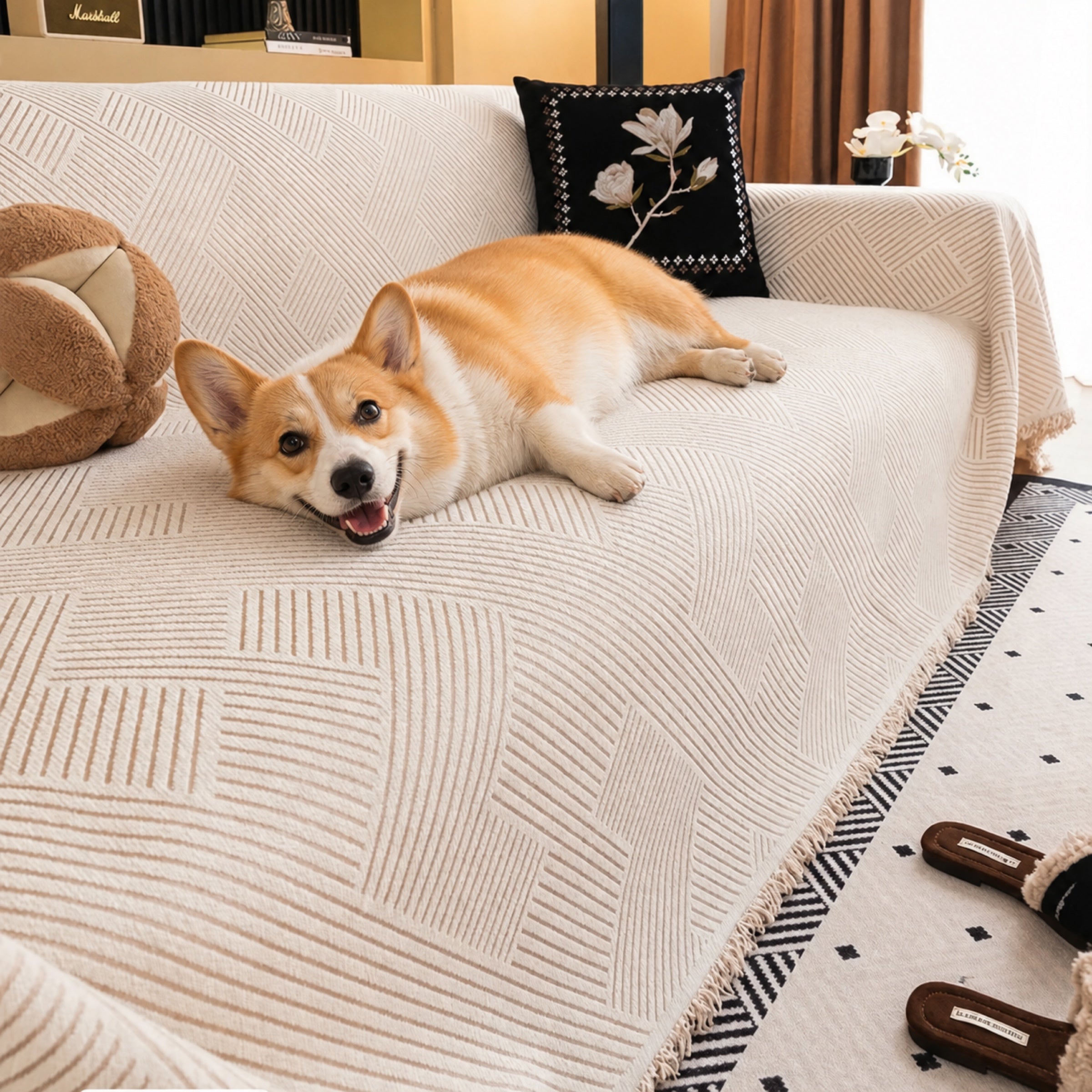 Striped Chenille Sofa Cover | Scratch-Resistant Couch Throw
